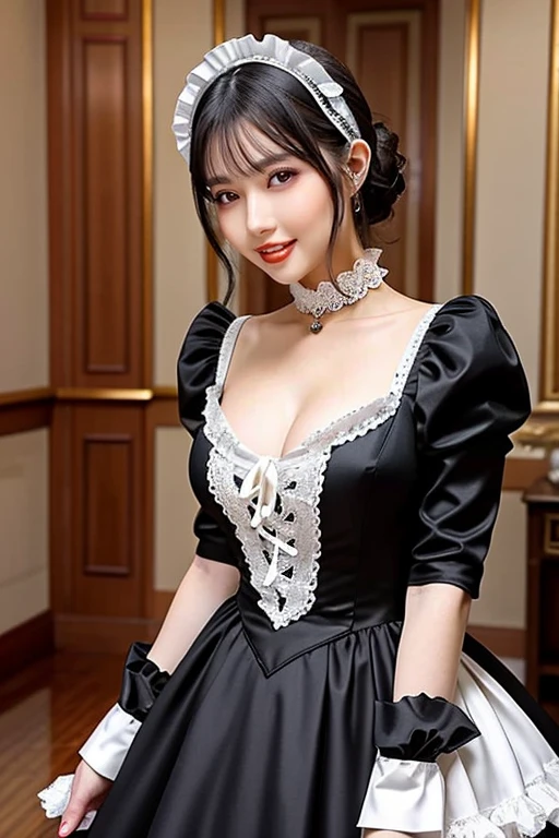 (((Best Quality, masutepiece, 超A high resolution、The most complex and detailed depictions、awardwinning, 8K)))、(1 Beautiful Maid、Half Japan and half Spanish in one、sleeping maid)、(Gorgeous Victorian Maid Dresses、Black and white maid outfit with luxurious long skirt、Huge black and white maid dress、Black and white maid dresses、Black and white maid dresses、with frills、Big apron and black and white maid outfit)、((The background is a luxurious royal VIP room.、sleep in a luxurious bed、Huge bed、Complete interior of luxurious royal bedrooms、Jeweled dresses、Bejeweled dresses、Luxury beyond imagination、Inside the Royal Palace、 Room decorated with many ornaments,、ornate decorations、Dazzling light,、gorgeous decoration、Beautiful canopy、Huge canopy、luxurious and intricate canopy bed、Very complex and detailed background、Highly complex and detailed textures))、(Emphasize body lines、large full )
