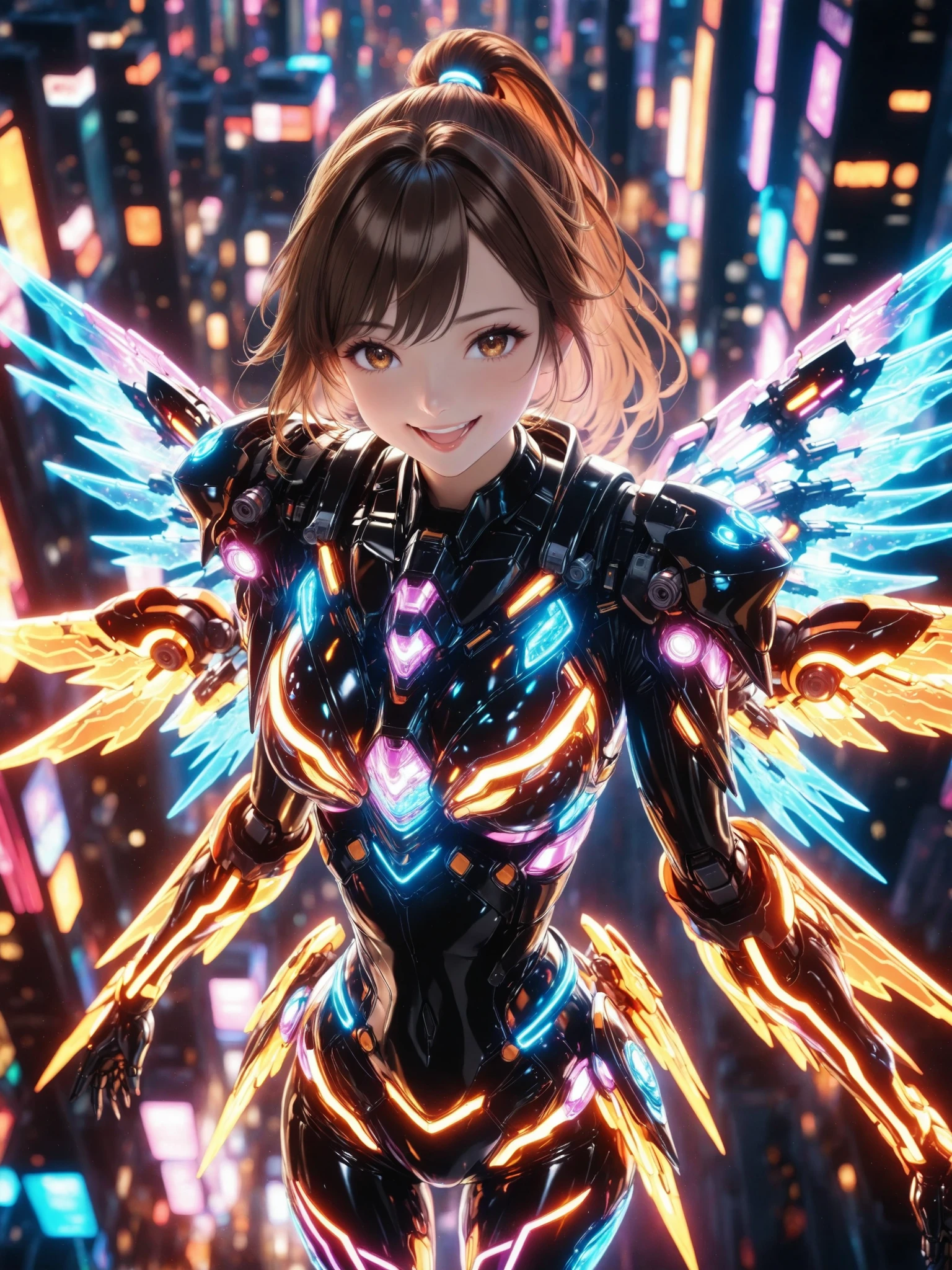 Anime Beautiful Girl, brown hair, ponytail, latex costume, Cybersuit,Mecha Armor, mechanical wing parts, Cyberlighting, Smile Yan, open your mouth, from above, Cyber Neon City, EXQUISITE AND REALISTIC、soft lighting、Warm Colors、Beautiful bokeh、4K rendering