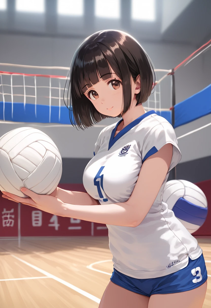 Tabletop、highest quality、Ultra-detailed、High resolution、8K Wallpaper、Perfect dynamic composition,、Detailed and beautiful eyes、(Volleyball Uniforms:1.3)、Dark brown wavy hair、short hair、(Beautiful ???????????:1.3)、Natural color lip、Bold ???? pose、Cute Smile、20 year old girl、???? shot of the camera、Gym、Volleyball court