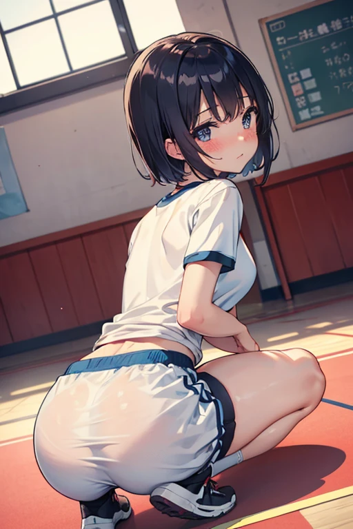 (((1girl))), ((best quality)), ((masterpiece)), ((ultra-detailed)), (illustration), (detailed light), (an extremely delicate and beautiful), (beautiful detailed eyes), (sunlight), ((extremely light)),  ((extremely clothes)), (((hyper detail)))

(((gym uniform))),
,

short bob, ((((black hair)))),  ((lshort hair)),
(((crystal black eyes))), 

(((whole body))), aged 13 to 16, 
(((extra adorable))), (((extra slender shape))), 
(((extremely beautiful detailed face))),
(mischievous smile with ?????? satisfaction),  (adorable smile),
(((condescending expression))),

(((squatting in the school gym))), (((((Dutch angle))))),

((())), ((from below)),
(((extremely thin thighs))), (((white socks)))