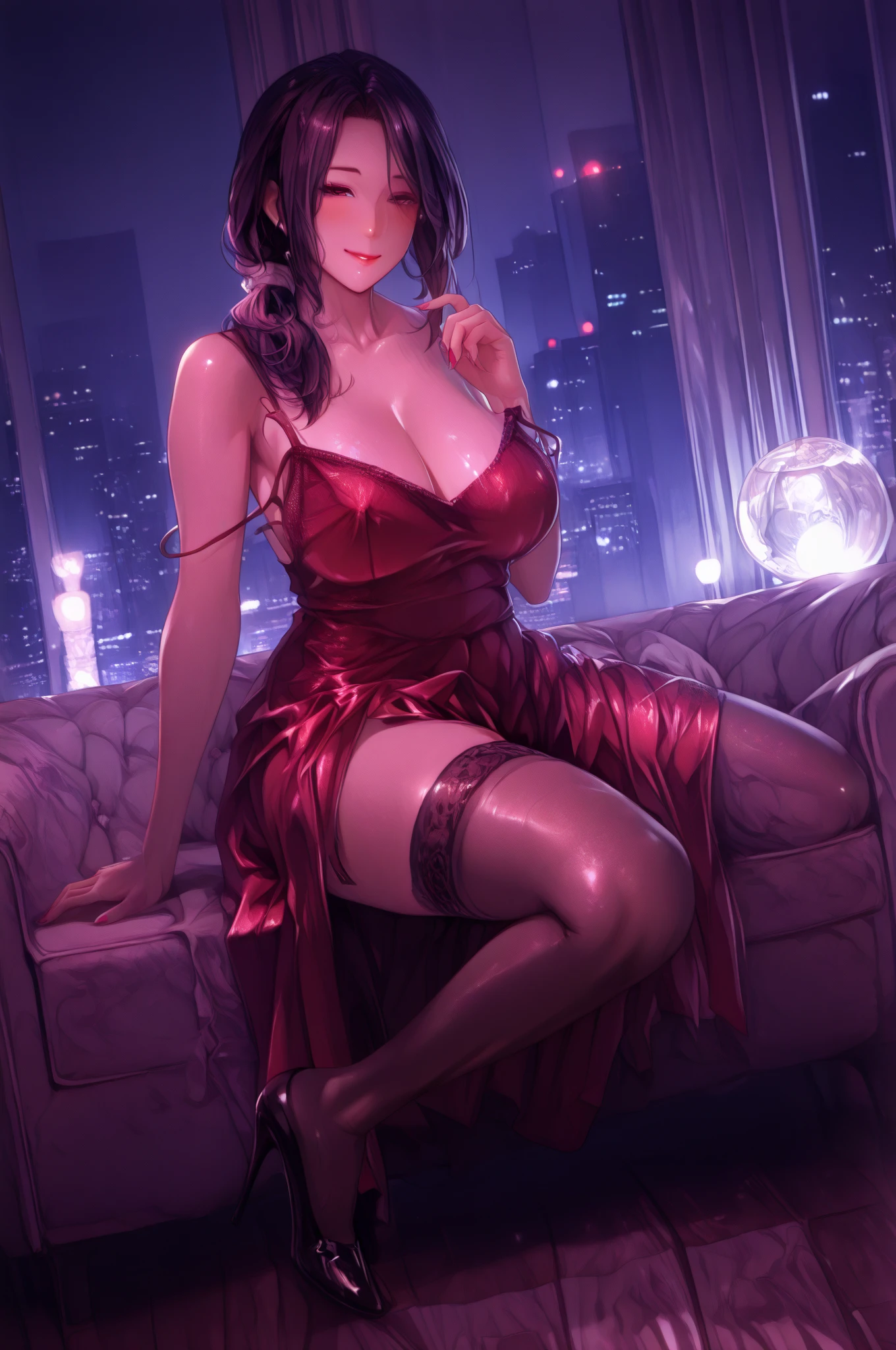 ((Highest quality, 8k, masterpiece :1.3)), (Sharp focus :1.2, Beautiful woman with perfect figure :1.4, Slim Abs), ((, Emphasize cleavage, The underboob is visible:1.3)), (Photorealistic:1.4), (realistic:1.4), (Short Bob Hair, Light brown hair:1.5), Highly detailed face and skin texture, Fine grain, double eyelid. Makeup face, A little bit of lipstick,  appeal,  gravure pose, ((Black lace mini dress、Black strappy heels。A window overlooking the night view of a skyscraper、A  figure looking out the window。Poses that accentuate beautiful legs。:1.3))