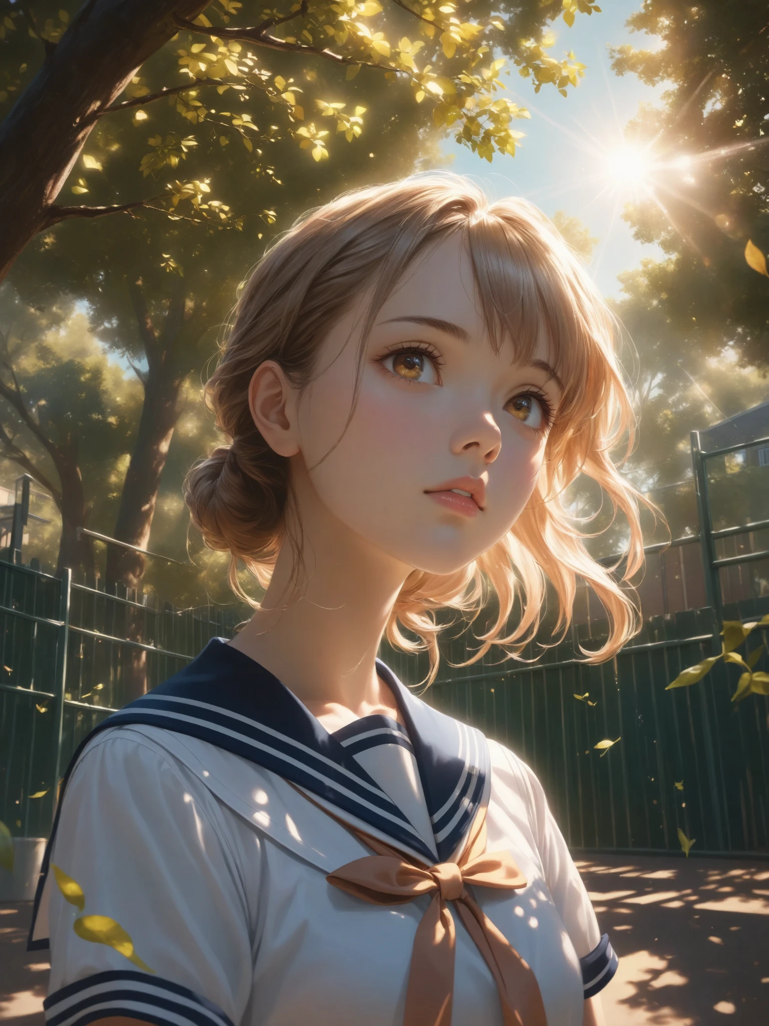 school girl in sailor suit ,Lean in,staring at the sky,looking up from below,Schoolyard,fence,Early Afternoon,sunlight filtering through the trees,refreshing,grace,peaceful ,Thinning,Elegant,Realistic, 4K quality ,Masterpiece,Extremely Detailed Description,Photo shoot,Natural Hues,Warm Colors