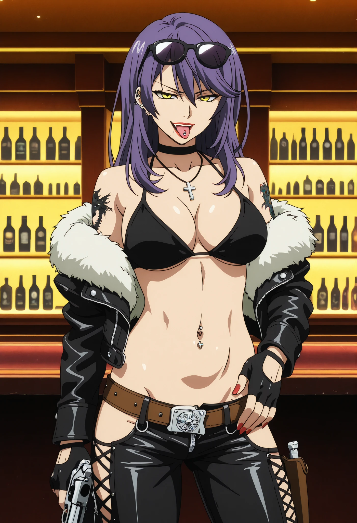 trine_halden, long purple hair, yellow eyes, red lips, , chin mole, , nail polish ,ear piercing, long hair, , lipstick,Hot girl, baddie, smoking,, bad attitude, mean girl, sensual, attractive, ,cross necklace, ,choker,bar background, inside bar ,indoors, , casino, , fur jacket , bare shoulders , white fur , , , leather pants , dark brown , fur , side inserts , belt , weapon holder , weapon , fingerless gloves , leather , forearms , sword , short , strapped , belt , cowboy shot , masterpiece , best quality , highly detailed , a girls with a gun , evil smile , open mouth , sexy gaze , badass pose , evil smile , smile , (nsfw) not safe for work , guns blazing , anime girl with long hair , beautiful long haired girl , navel , evil expression , exposed belly , exposed navel , exposed midriff , exposed lower belly , long black pants , cleavage , unbuttoned leather pants , open fly , low rise black leather pants , leather jacket , holding a gun , holding pistol , unbuttoned shirt , collared shirt , knot , pull_down leather pants , (show off panties , :1 . 2 , no panties) , pull_down long black pants , pull_down black leather pants , zip up leather jacket , bikini top , navel piercing , cross-laced slit , tongue piercing , tongue out , open mouth , clitoris piercing ,, , shoulder holster,, sunglasses on head, medium large Breasts, dragon tattoo on waist, narrowed eyes, tattoo on waist,, anipai_style , anime screencap , anime coloring,,