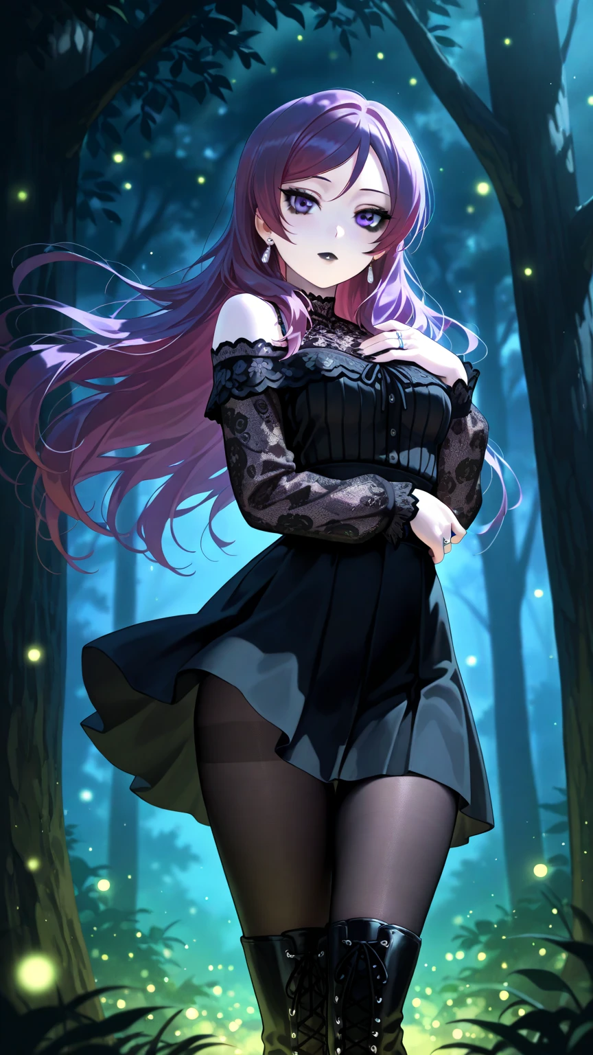 by [lack|fuzichoco|lam|kinta \(distortion\)|wlop|quasarcake|nixeu|happoubi jin|miyajima reiji],
kitagawa marin, kitagawa marin \(cosplay\), 1girl, medium hair, black hair, purple hair, blunt bangs, (angry:0.6), (half-closed eyes:0.8), medium breasts, sideboob, nontraditional maid, (jirai kei:0.7), 
purple eyes, colored eyelashes, black thighhighs, cleavage, garter straps, black dress, frills, apron, black necktie, blush, close-up, sitting, looking at viewer,
lens-flare, cinematic lighting, depth of field, deep glow effect, outdoors, tree shade, maple leaf, snowing, dark, night, dappled moonlight, red theme, purple theme, 
masterpiece, best quality, very aesthetic, absurdres
<lora:illustrious_all_rated_v1:1>