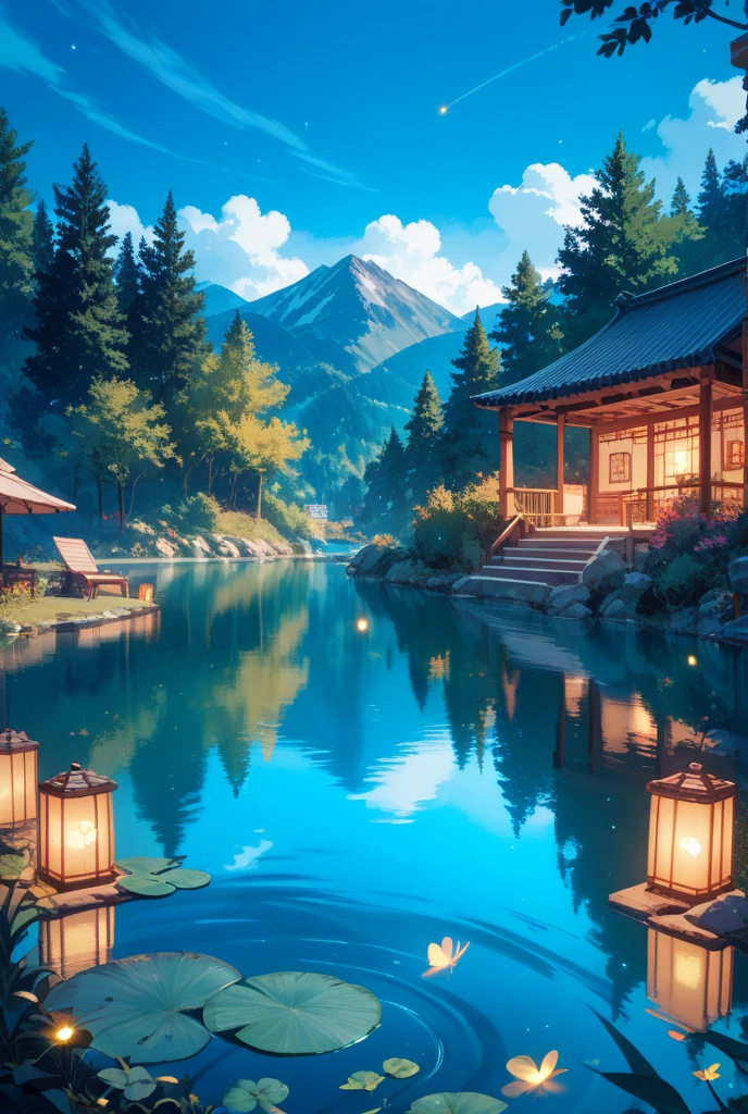 A nightscape inspired by Japanese art, with a garden lit by paper lanterns and a wooden bridge over a tranquil lake. The starry sky is reflected in the water, creating a magical environment. On the shore of the lake, there is a small Zen temple lit by candles, where people come to meditate. The leaves of the trees sway gently in the wind, creating a calm and tranquil atmosphere.