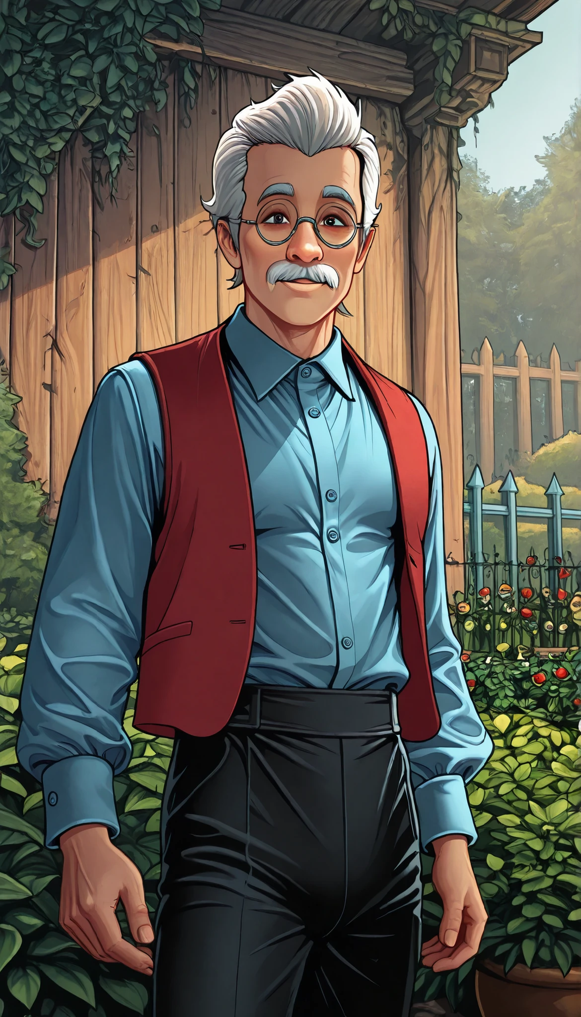 (1boy, DisneyGeppetto), (extremely detailed CG unit 8k wallpaper),(master part), (best quality), (ultra detail), (best illustration),(dan mumford ), cowboy shot, dutch angle, close up, standing, facing viewer, looking at viewer, perfect face, perfect eyes, perfect fingers, (Sharp eyeliner, ombre, detailed eyes:1), traditional media, outdoors, garden, wooden wall, break , ((upper body)), solo, old, white hair, short hair, white moustache, small round glasses 
Blue shirt, long sleeves, black pants, red vest, open vest, smile, arms at side 