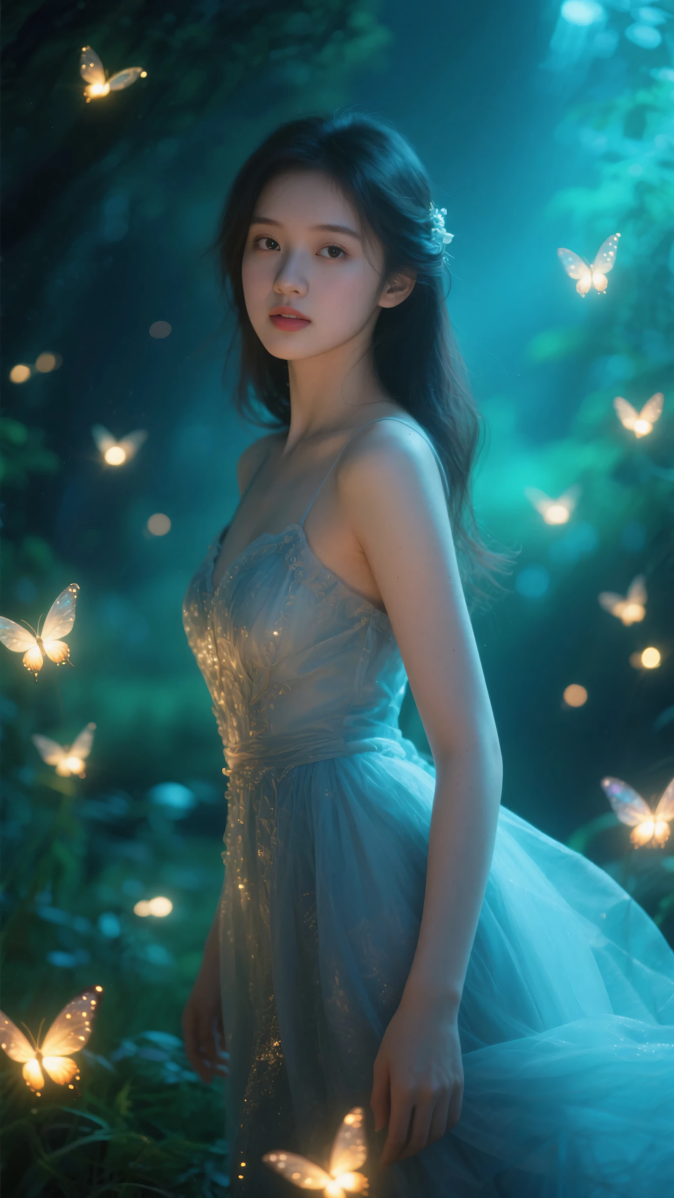 Full figure, seven -clinging shooting, 18 years old, wearing  science fiction dress, exquisite faces, details, hands, ultimate details, amazing magnificence, LED internal lighting, Pedaipan style, fiber hair, glowing rainbow iris, glowing rainbow iris,