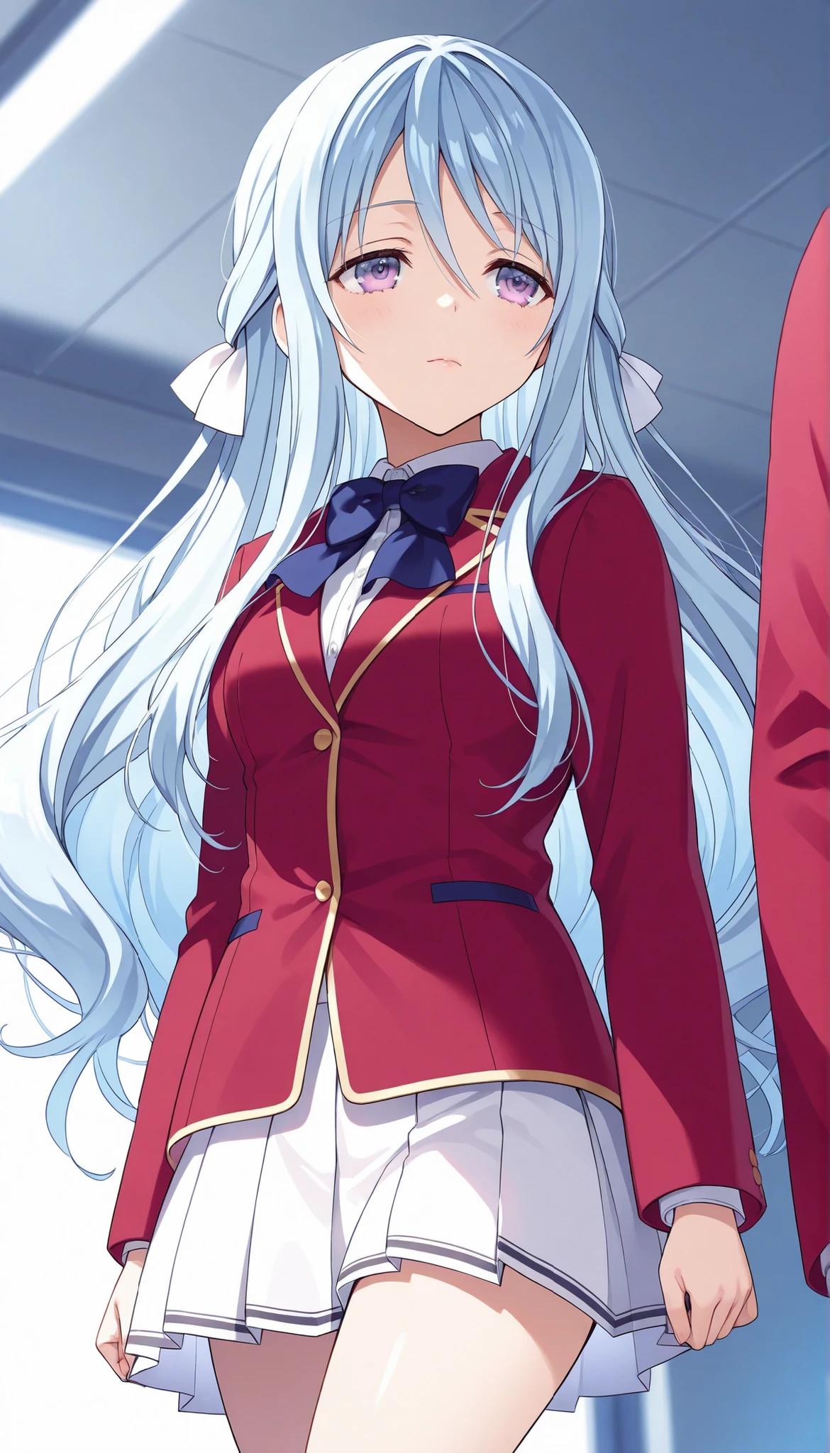score_9, score_8_up, score_7_up , source_anime, digital illustration, 1girl, hiyori shiina, hair ribbon ,light blue hair ,purple eyes, school unifrom, red jacket, blue bowtie, white skirt, pleated skirt,glossy lips, thigh, cowboy shot ,closed mouth,walking ,school commute , from below ,morning