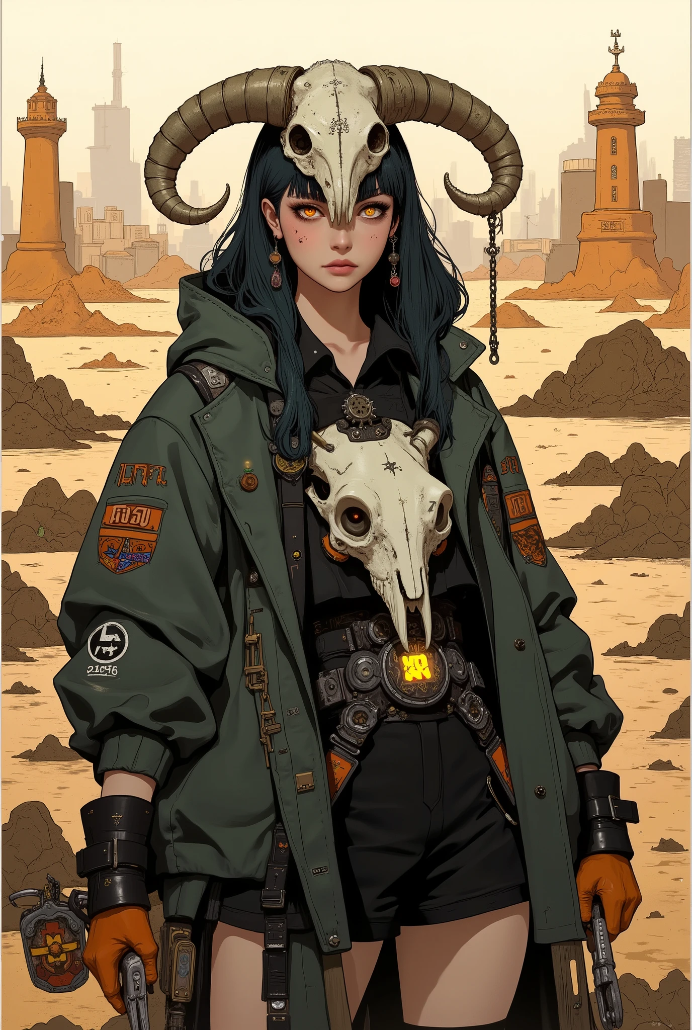 sitting on a machine,SHORT BOB,slightly random hairstyle,Hair color is dark gray, wear a large animal skull on head、decorated with metal junk,t is amber,leather corset、Best、short jacket。The shirt is a puff sleeve,belt、Pouch、lots of small items such as chains,with a small light on the tip,gear earrings,leather gloves and boots,glowing eyes full of curiosity, Very Detailed Line Drawing, full body,James Jean Soft Light 4k, James Jean Softlight 4k, A fantastic anime that feels like a dream, lo-fi anime vibes, Reusch art style,Moebius artwork, Inspired by Mattias Adolfsson,dynamic side view , Playful and vibrant atmosphere, Flat, white illustration style, High Contrast Color,  digital art,Cover of JoJolion