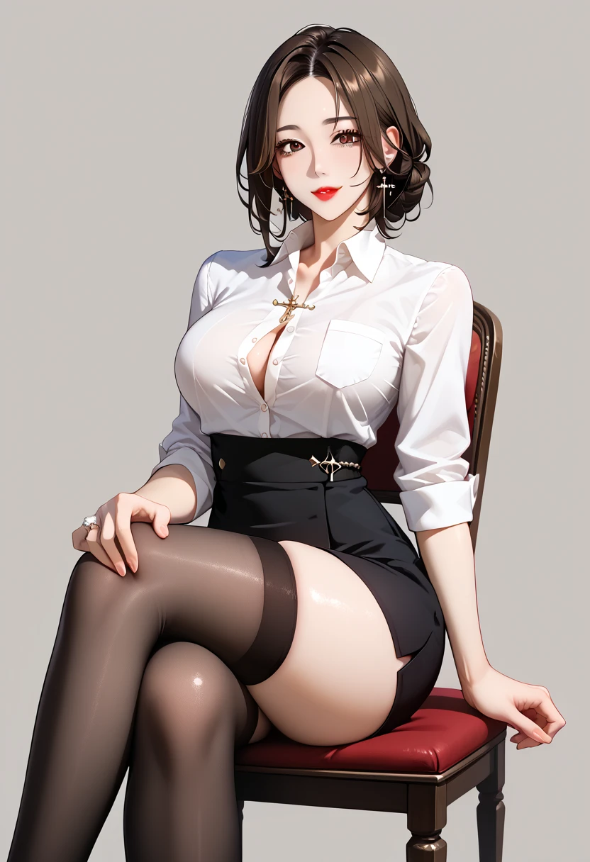 Japanese woman dressed as an office lady、A big smile,(((Sitting with Knees Up on sofa at living, ,:1.3)))、Raise your hands above your head、
(((masterpiece))), ((highest quality)), ((Intricate details)), (((Super realistic)), An absurd solution, Near and far, Very detailed, Realistic, One Girl, ((Big and ample  under the t-shirt)), Perfect hands, Detailed fingers, Beautiful and fine details, short hair,,(Black tight skirt:1.2), Detailed Background、Bright interior,White blouse, Perfect Eyes, Captivating eyes, Look at the viewers, from the front、Laughter、Mole on the mouth,black tights、black lace panties,black foot stocking