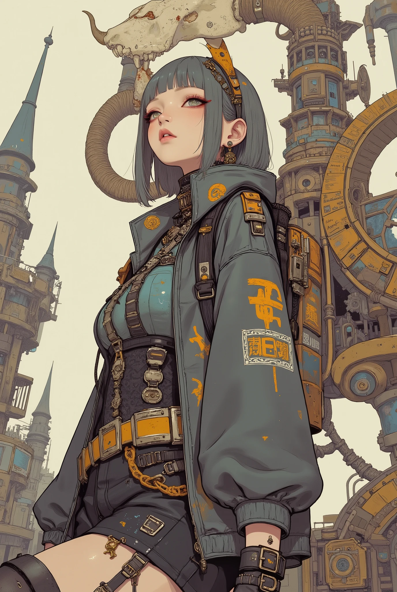 sitting on a machine,SHORT BOB,slightly random hairstyle,Hair color is dark gray, wear a large animal skull on head、decorated with metal junk,t is amber,leather corset、Best、short jacket。The shirt is a puff sleeve,belt、Pouch、lots of small items such as chains,with a small light on the tip,gear earrings,leather gloves and boots,glowing eyes full of curiosity, Very Detailed Line Drawing, full body,James Jean Soft Light 4k, James Jean Softlight 4k, A fantastic anime that feels like a dream, lo-fi anime vibes, Reusch art style,Moebius artwork, Inspired by Mattias Adolfsson,dynamic side view , Playful and vibrant atmosphere, Flat, white illustration style, High Contrast Color,  digital art,Cover of JoJolion