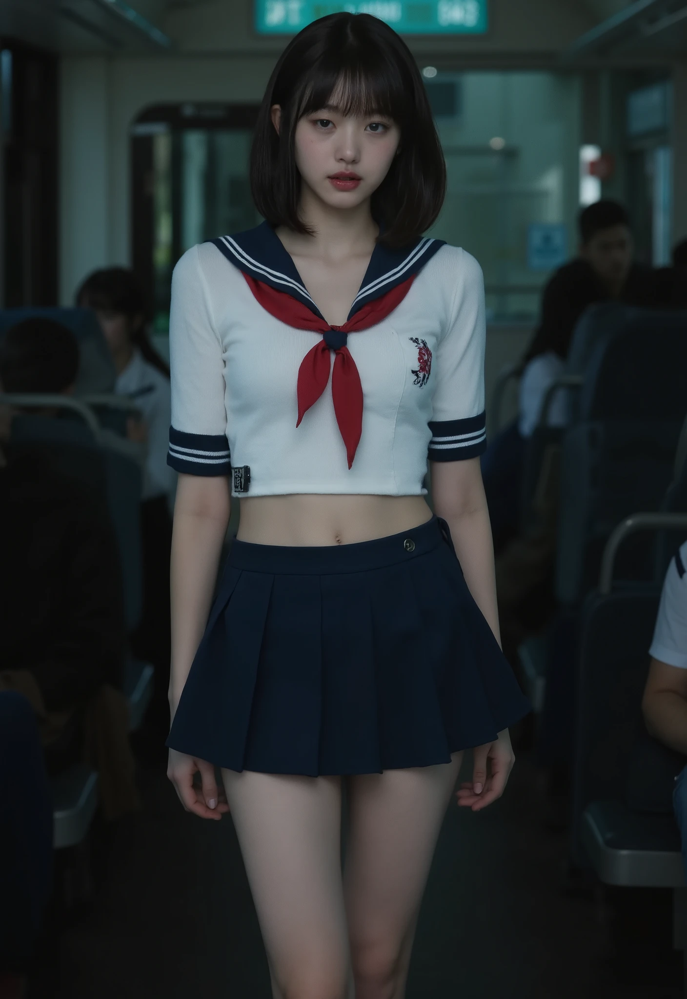 (1girl,Best Quality,8K,High resolution,realistic pictures:1.2),(cute girls,gravure idols),bob cut,Blunt bangs,thin waist,shiny skin,pale skin,(Sailor uniform top,Navy very short pleated miniskirt:1.3),(huge breast,:1.7),(on the bus:1.2),(angry,looking at viewer:1.3)