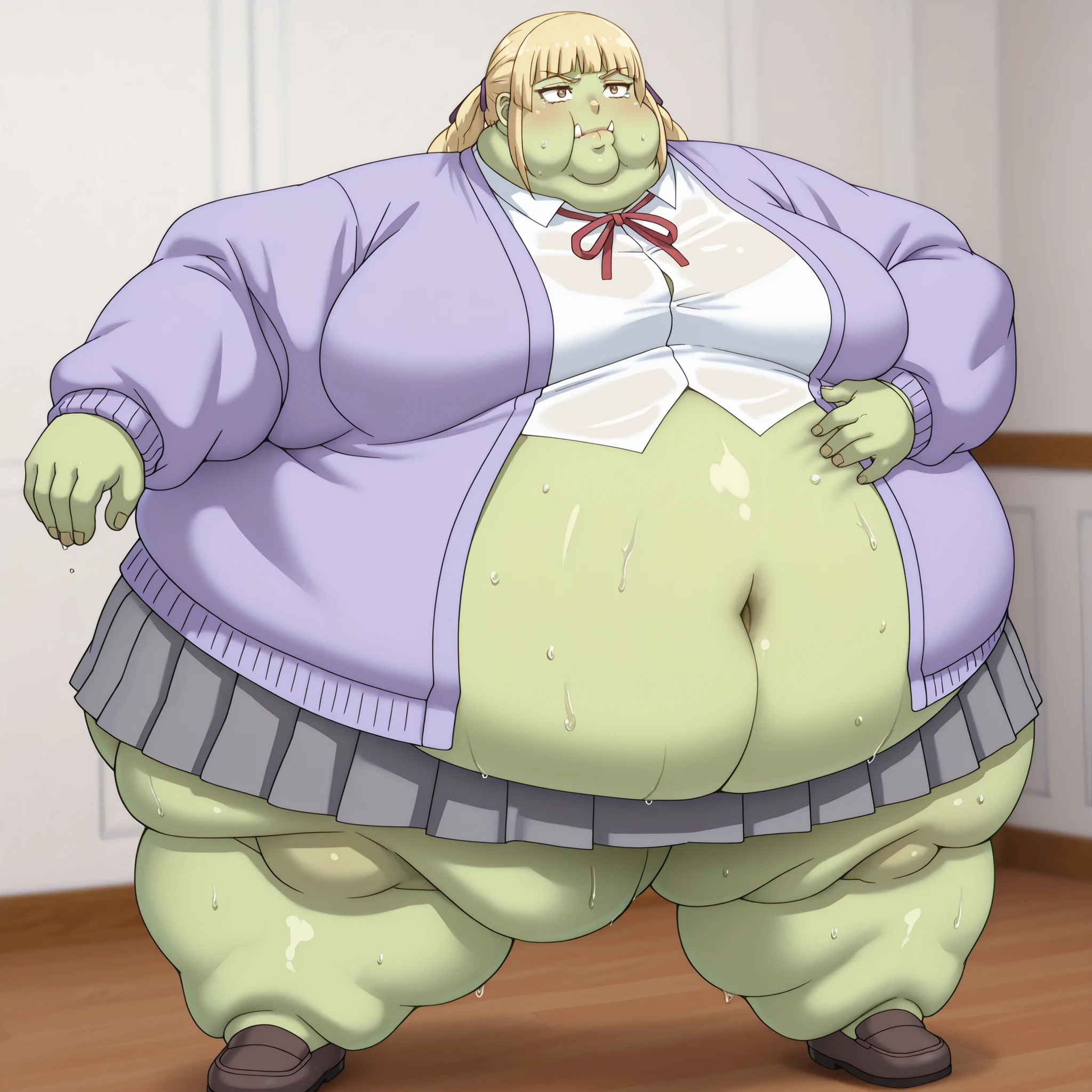 Becoming a orc, monster, Orc, Female Orc, green skin, tusks, Orc, fangs, 1girl, white shirt, school uniform, brown eyes, skirt, breasts, blonde hair, purple jacket, soaks, shoes, blank_stare, empty_stare, fat, chubby, obese, gigantic arms and legs, large breasts, sweating, wet body, swollen face, Fat_neck , Fat head , eyes with crushed cheeks , nose with crushed cheeks , mouth with crushed cheeks , chin roll,
only head, large head, oversized limbs, large hands, large feet, oversized feet, oversized fingers, big lips, plump lips, fat face, fupa, big fupa, fat fupa, clothes ripping, clothes stretching, clothes tearing, one hand touching face, one hand touching stomach