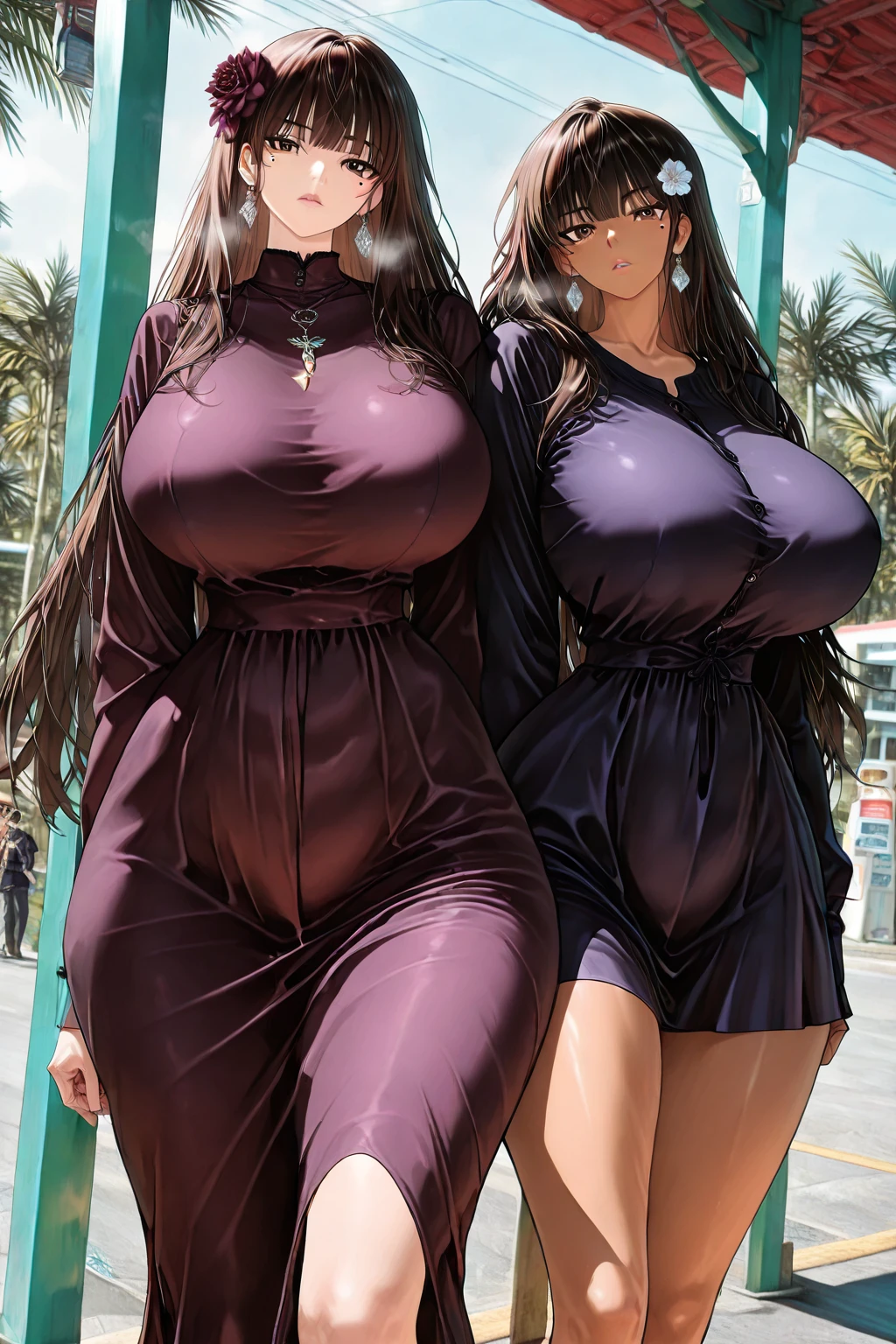 (masterpiece:1.2), (best quality:1.2), ((only one person:1)), {full body image:1},very , huge , very wide , black woman, pink hair, long ponytail hair, Happy smile, realistic and detailed hands, realistic and detailed face, realistic and detailed tooth, realistic and detailed foots, realistic and detailed face, aviator sunglasses, park, walking on the trail, dark green short dress, extremely thicc.