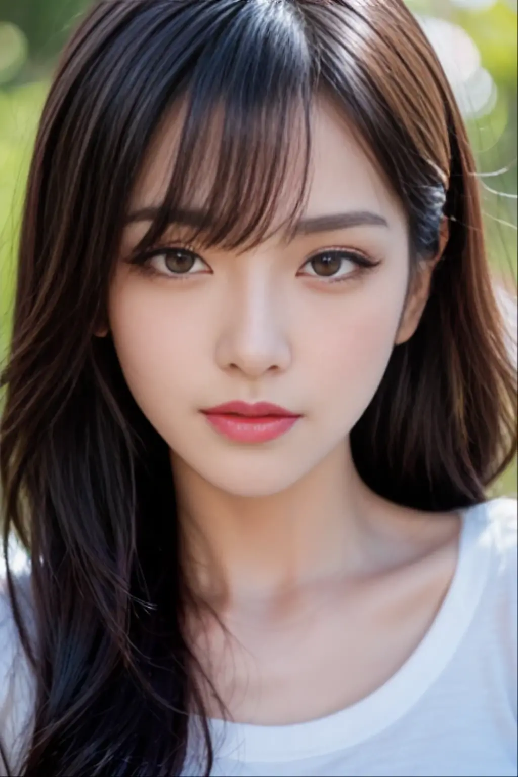 (8K、RAW Photos、Highest quality、masterpiece:1.2)、(Realistic、Photorealistic)、(wallpaper）、、One Girl、alone、23 years old、（Perfect Eyes）、Perfect hands、Perfect Proportions、Highly detailed face、Highly detailed skins、とてもwhiteい肌、( Cleavage)、(Selfie style)、background、white、 Are standing, T-Shirts