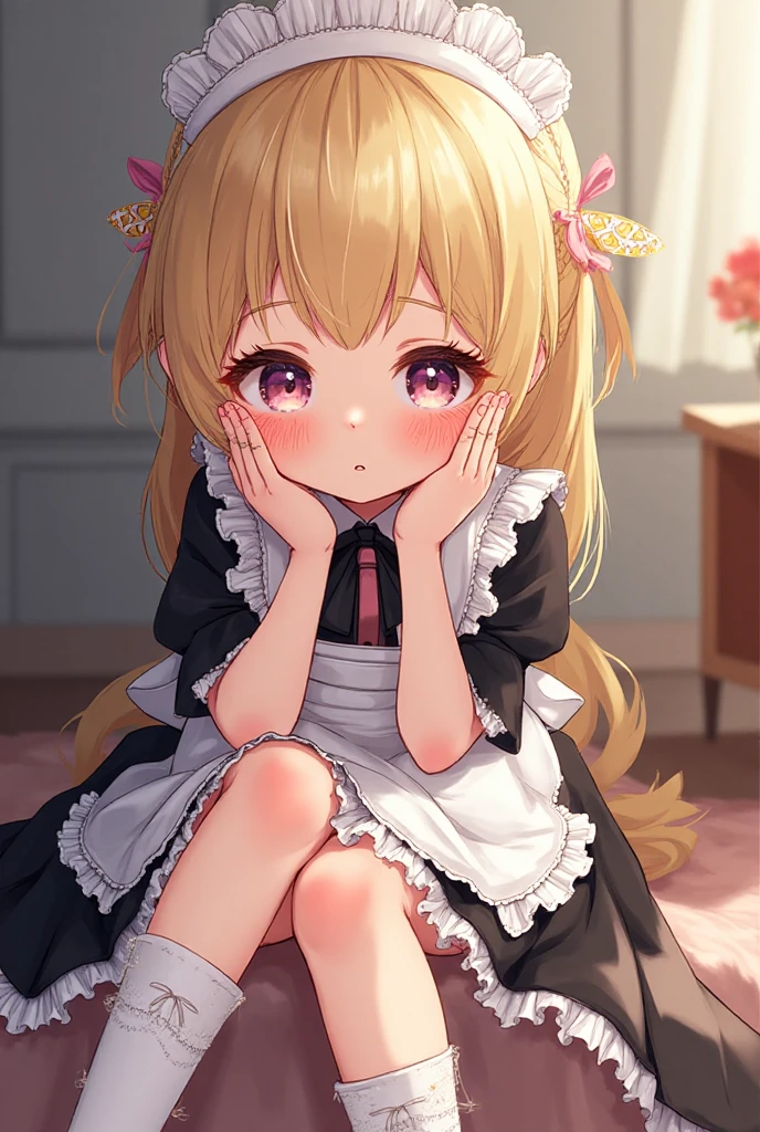 Himari Mei, masterpiece, , cute, flat , black dress, head tilt, sitting, in princess style bedroom, incoming kiss, wide, Selfie,