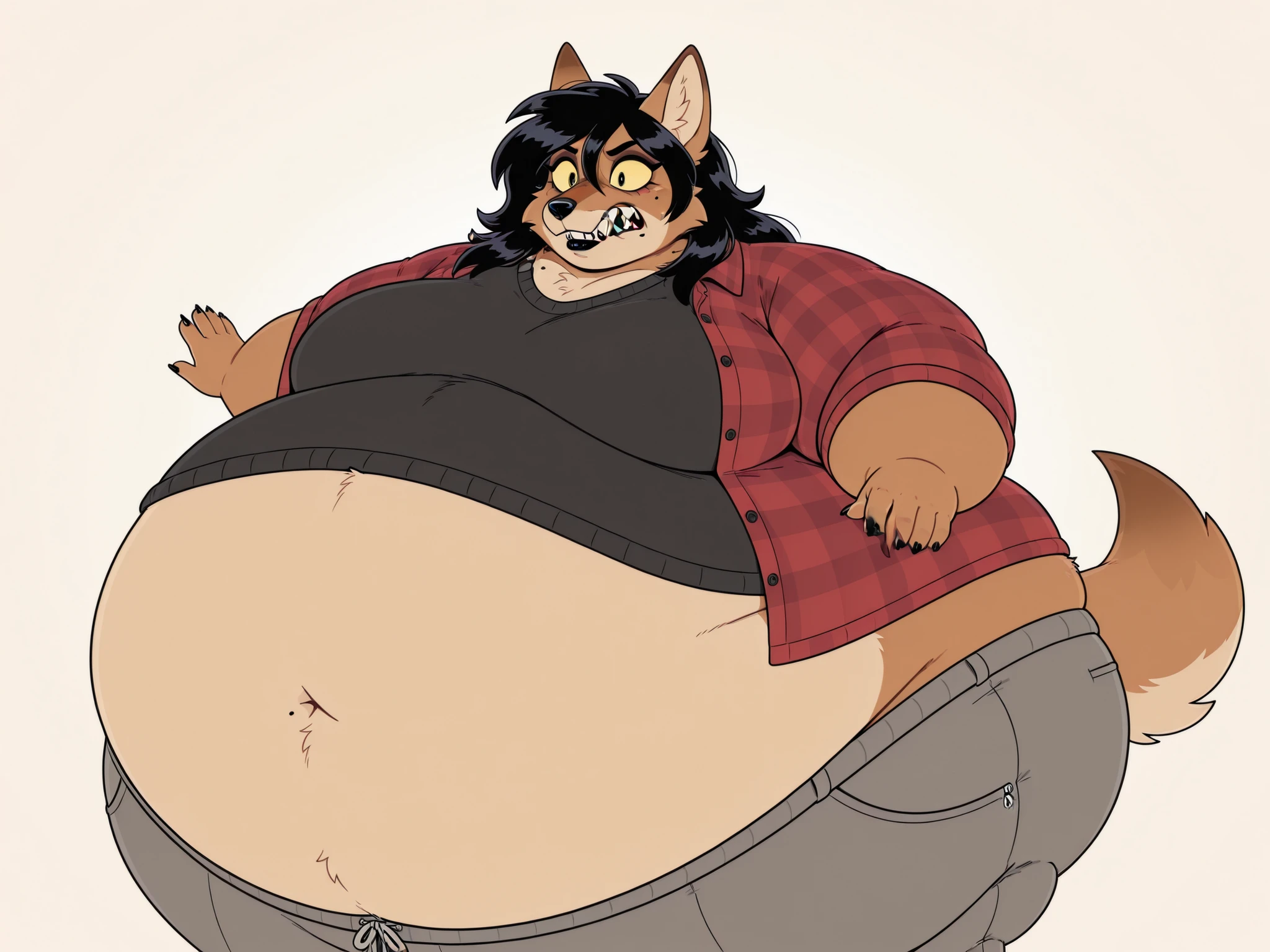 Anthro, female furry, brown coyote, brown fur, black lipstick, 1girl, solo, mole, light yellow sclera, flannel, black undershirt, black hair, long hair, sharp teeth, chubby, obese, navel
