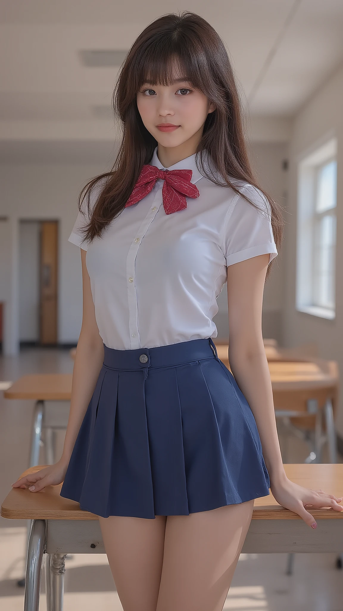 A masterpiece, extremely detailed, Kampala, (realistic, photorealistic:1.37), excellent anatomy, beautiful woman, sexy idol, (medium built), ((8 head and body)), smiling, high school girl, focus on thighs, ((school uniform:1.5)), (red necktie:1.3), deep waistline, (form), ((navy super super mini pleated skirt:1.5)), ((extremely delicate and beautiful)), (school classroom background during lunch break), beautiful bright brown hair, soft flowing long hair, bangs, very beautiful face, cute type, baby face, slightly rounded face, large natural colored lips, big and beautiful eyes, bright brown eyes, clear double eyelids, small and cute nose, bright brown eyes, sparkling eye highlights, attention to details, tilted head filling the frame, best lighting, best shadow, mystical, perfect face, extremely detailed, Mayoko's, (skin texture, sweaty:1.2), anatomically accurate, beautiful legs and figure, plump thighs, voluptuous body, large breasts, (expressing the roundness and softness of the breasts with large natural colored lips.........1), beautiful body, balanced physique, (perfect woman), (sexy idol pose:1.3) , big saggy pointed breasts ,