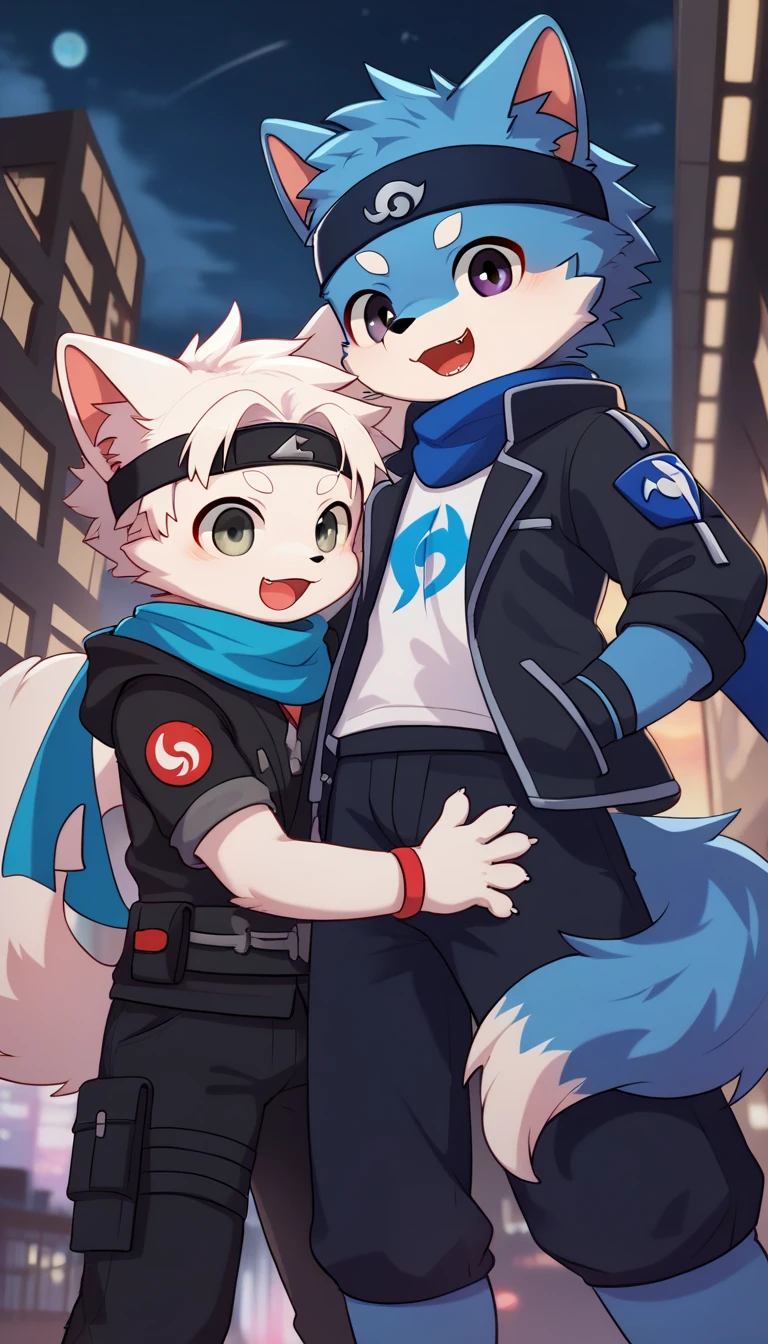 Blue fur, Canine, fox motif, Couple of girls and boys, uniform、Holding hands，One boy，One girl，
