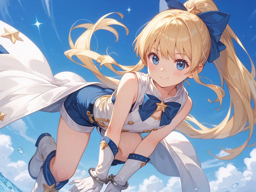 (anime,8k,masterpiece, top quality, best quality,beautiful and aesthetic:1.2,professional illustrasion:1.1,ultra detail:1.3,perfect lighting), extremely detailed, highest detailed, incredibly absurdres, highres, ultra detailed, intricate, 
(young girl), beautiful face and eyes, Beautiful hair, floating hair, shoulder length hair, (blonde hair), bobbed hair, pony tail, antenna hair, shiny skin, pretty, small stature, ( flat ), 
(white leotard:1.3), (magical girl costume:1.2), (blue Sailor collar:1.3), (red ribbon:1.4), (blue pleated skirt:1.3), (micro-skirt:1.3), (no_sleeve:1.2), (long_glove:1.2), (white thighhighs:1.2), (long_boots:1.2), 
smile,