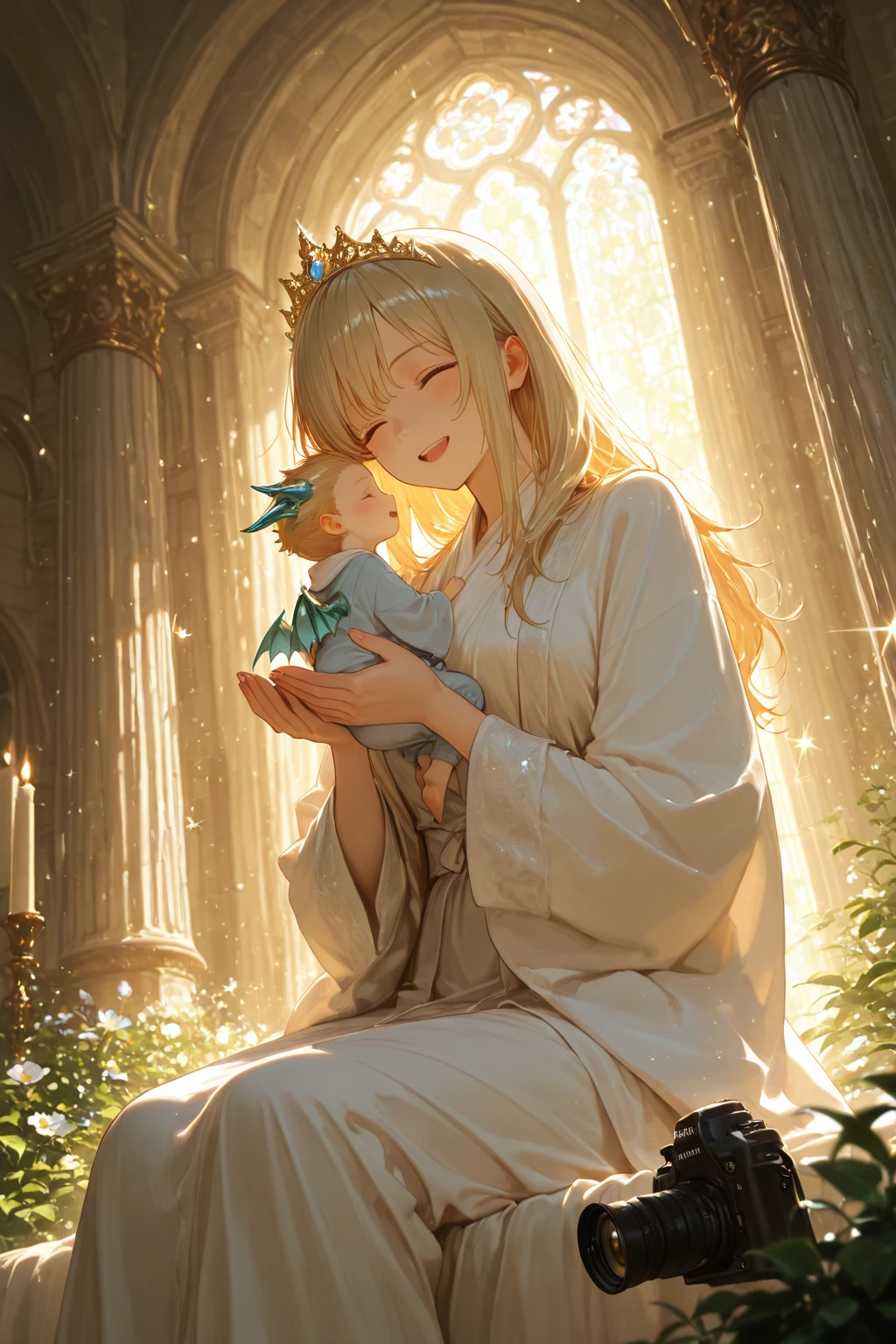 Showing the whole body, Yellow hair, Cute, Baby face, Big breasts, Sleeping, In the forest, White dress, Long hair, Sleeping, 1 person, Small, Fairy wings