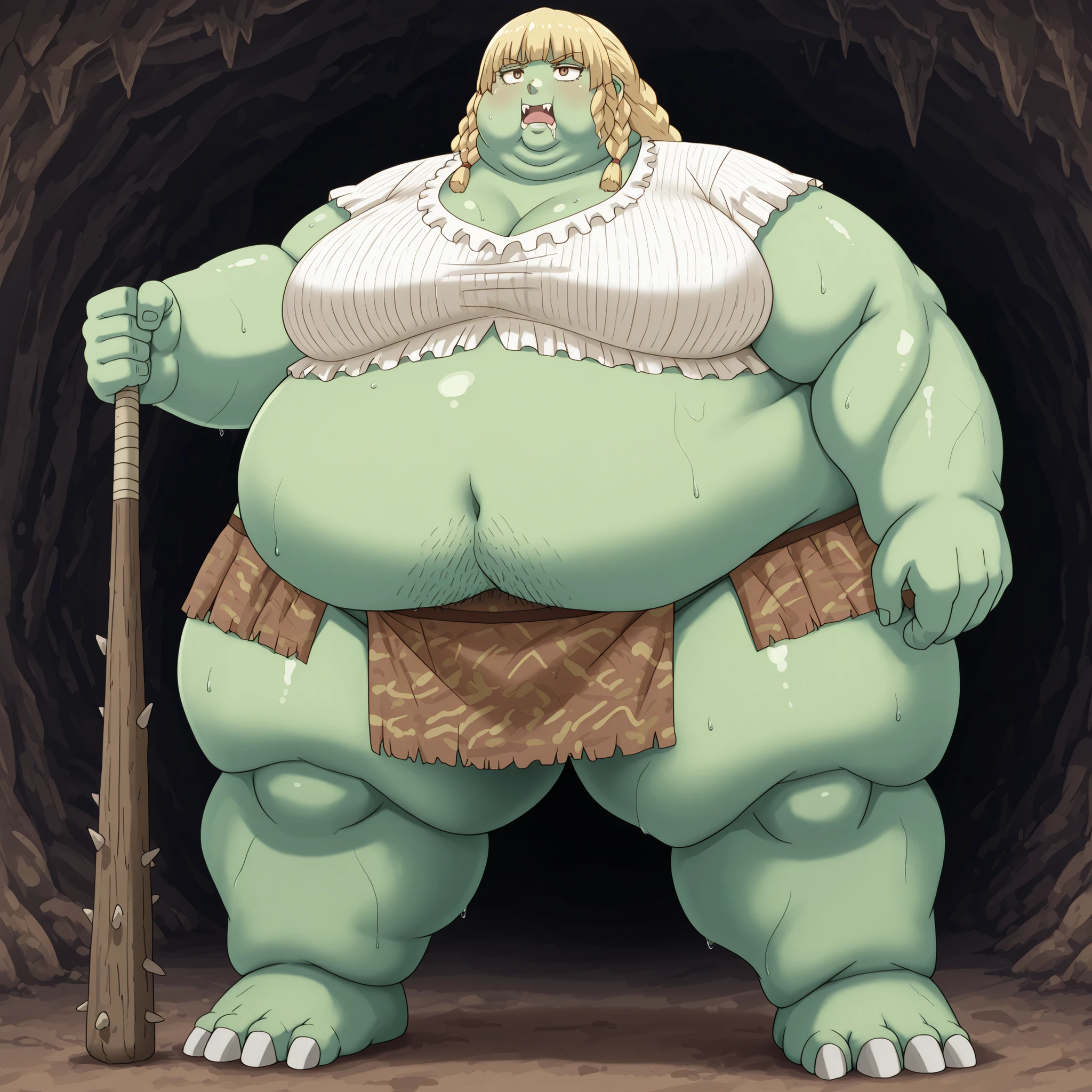 Becoming a orc, monster, Orc, Female Orc, green skin, tusks, Orc, fangs, 1girl, brown eyes, breasts, blonde hair, fabric clothes, loincloth, midriff, blank_stare, empty_stare, fat, chubby, obese, gigantic arms and legs, large breasts, sweating, wet body, swollen face, Fat_neck , Fat head , eyes with crushed cheeks , nose with crushed cheeks , mouth with crushed cheeks , chin roll,
only head, large head, oversized limbs, large hands, large feet, oversized feet, oversized fingers, big lips, plump lips, fat face, fupa, big fupa, fat fupa, in a cave, open mouth, drooling, pubic hair, hairy, holding a club, holding a weapon