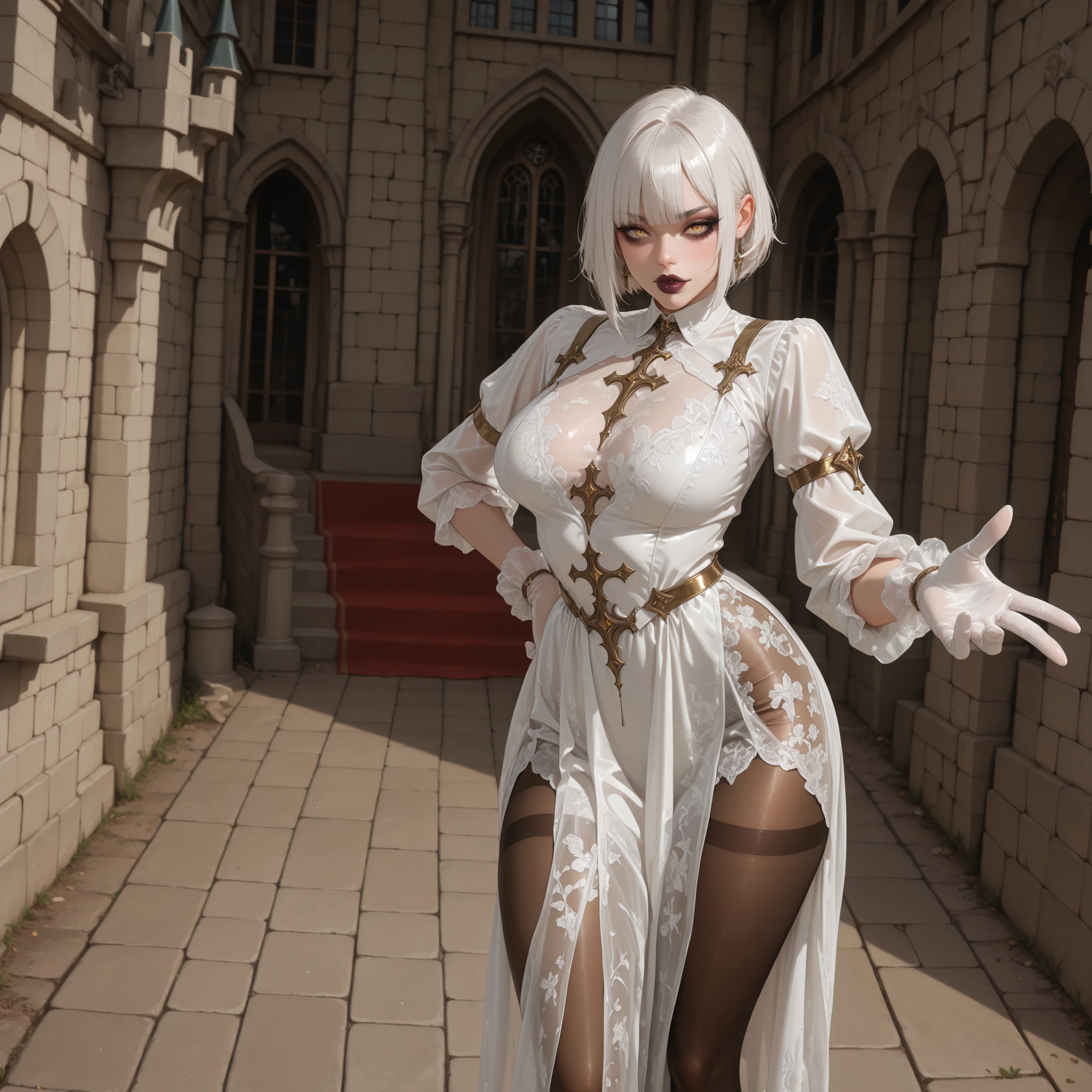 ((masterpiece)),(best quality), ((extremely detailed CG unity 4k wallpaper)),(cinematic lighting), (an extremely delicate and beautiful girl:1.3),moon light ,face, fixed eye, hand fixed (++blonde hair++), black eyes, long hair, jewelry,earrings, :d, maid, labrynth,
Large  ,(Crystal chandelier), horn ,indoor ,hand over hip , beautiful crossed leg in detailed, leg lift,  all body , leg fixed , view from below, worship 