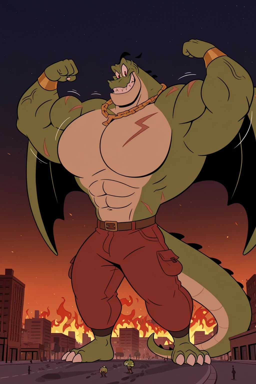 A Green Giant Max the crocodile as a weredragon, furry, (anthro), male, red eyes, looking at viewer, 2 biggest dragon wings ginomous biceps, enormous pectorals, detailed abs, muscular body, flexing his powerful muscles pose, bouncing pecs, muscular abs, (giant adult dragon), wearing red underpants, long tail, standing, powerful smile, sharp teeths, sharp claws, solo, 1 boy, saturaded colors, giant size, macro size, scars, veins, tattoos, golden bracelets, golden necklaces, scar on his eye, 50-foot size, 100 feet tall, giant monster kaiju, urban city destroy background, buildings on fire and collapsing, night sky background giant footprints on the street.
