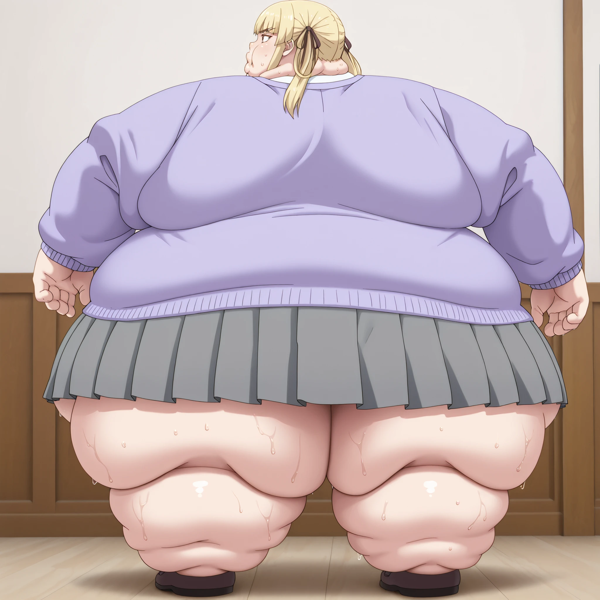 1girl, white shirt, school uniform, brown eyes, skirt, breasts, blonde hair, purple jacket, soaks, shoes, blank_stare, empty_stare, fat, chubby, obese, gigantic arms and legs, large breasts, sweating, wet body, swollen face, Fat_neck , Fat head , eyes with crushed cheeks , nose with crushed cheeks , mouth with crushed cheeks , chin roll,
only head, large head, oversized limbs, large hands, large feet, oversized feet, oversized fingers, big lips, plump lips, fat face, fupa, big fupa, fat fupa, back view