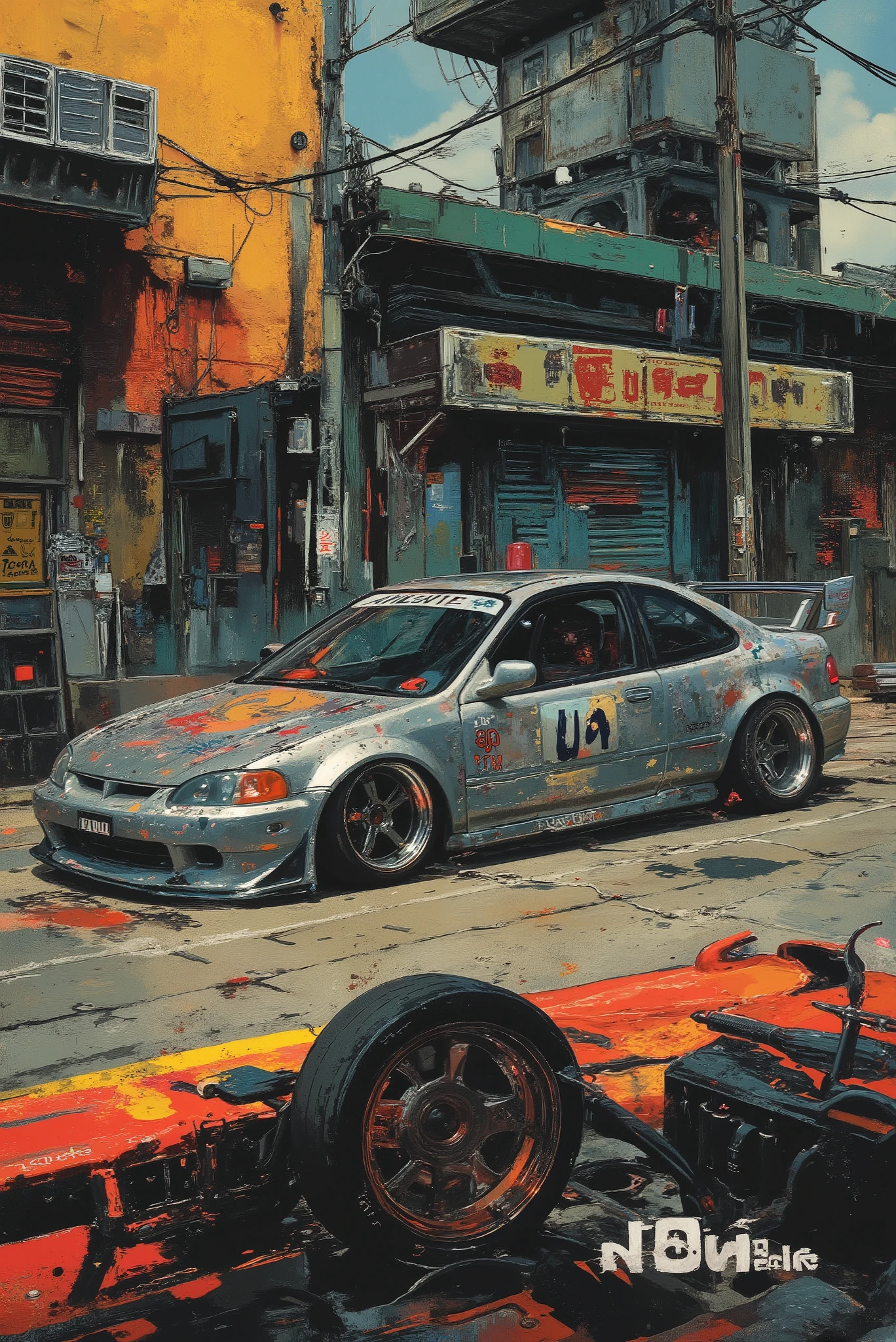 A poster showing a vintage racing car, a tuned 1998 Honda Civic coupe, with a very low suspension, sparkling, metallic silver, heavy, wheels turned outwards, wide tires, tinted windows, with text and numbers on it. The car is depicted in great detail, with its smooth lines and aerodynamic design, as well as bright colors that stand out from the general background