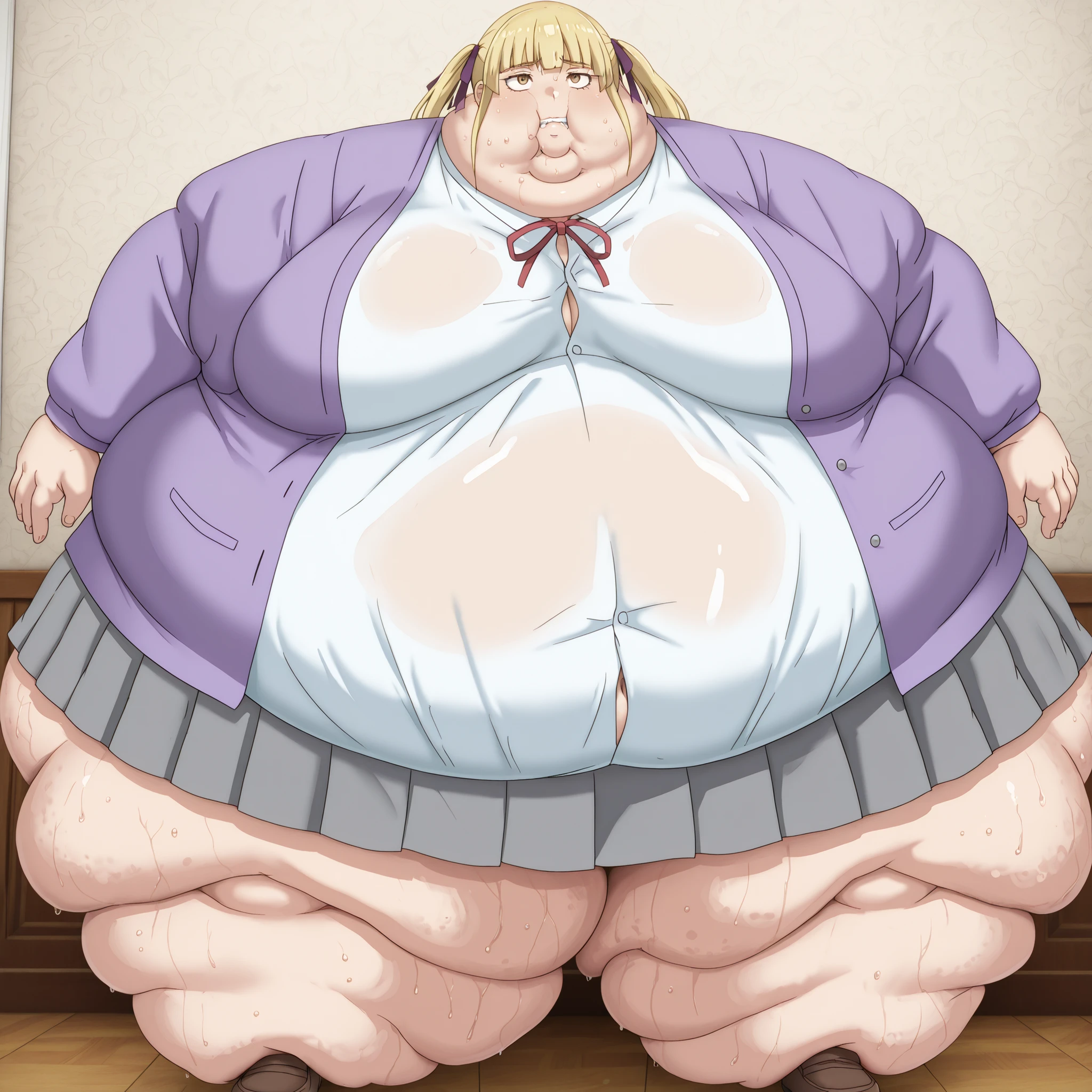 1girl, white shirt, school uniform, brown eyes, skirt, breasts, blonde hair, purple jacket, soaks, shoes, blank_stare, empty_stare, fat, chubby, obese, gigantic arms and legs, large breasts, sweating, wet body, swollen face, Fat_neck , Fat head , eyes with crushed cheeks , nose with crushed cheeks , mouth with crushed cheeks , chin roll,
only head, large head, oversized limbs, large hands, large feet, oversized feet, oversized fingers, big lips, plump lips, fat face, fupa, big fupa, fat fupa,