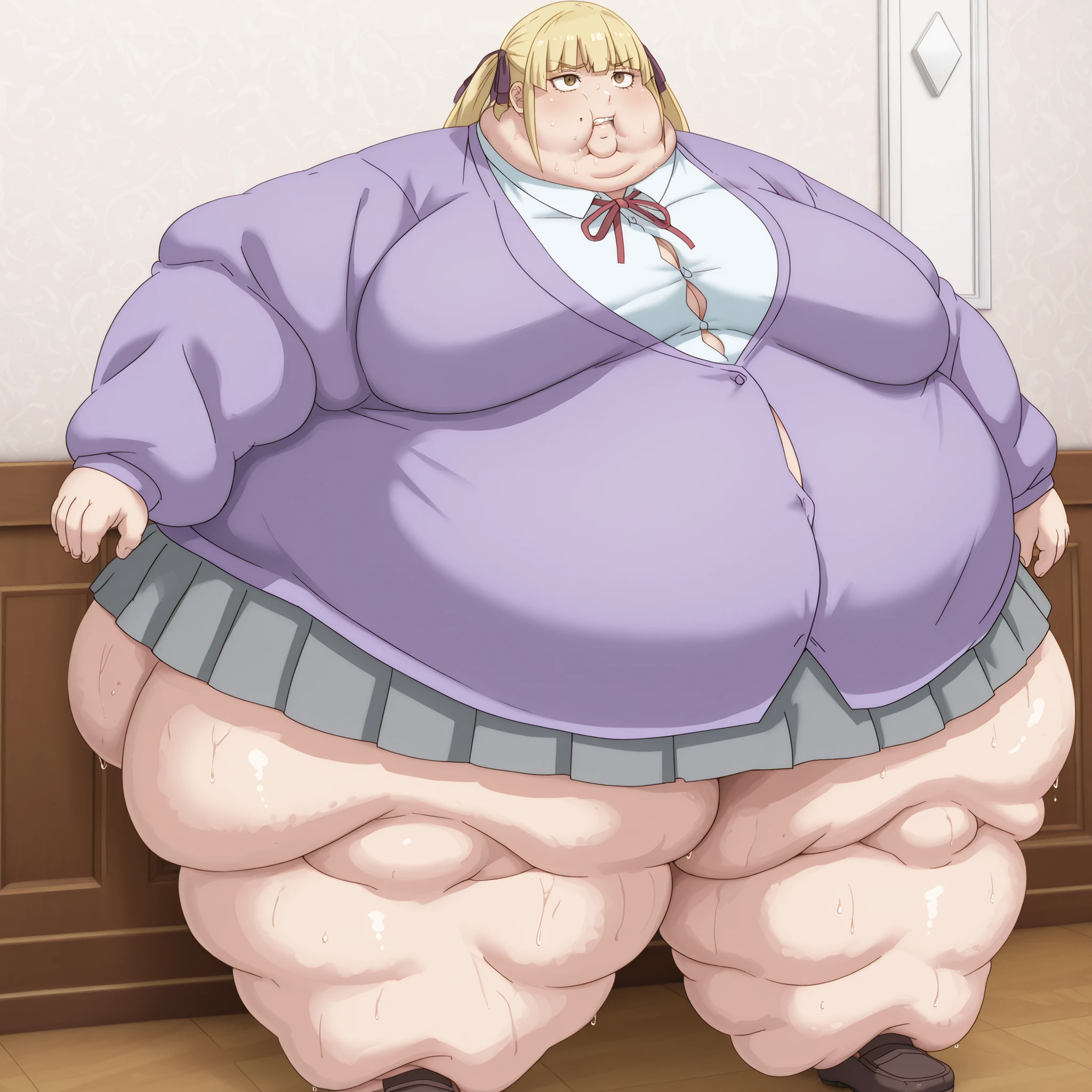 1girl, white shirt, school uniform, brown eyes, skirt, breasts, blonde hair, purple jacket, soaks, shoes, blank_stare, empty_stare, fat, chubby, obese, gigantic arms and legs, large breasts, sweating, wet body, swollen face, Fat_neck , Fat head , eyes with crushed cheeks , nose with crushed cheeks , mouth with crushed cheeks , chin roll,
only head, large head, oversized limbs, large hands, large feet, oversized feet, oversized fingers, big lips, plump lips, fat face, fupa, big fupa, fat fupa,