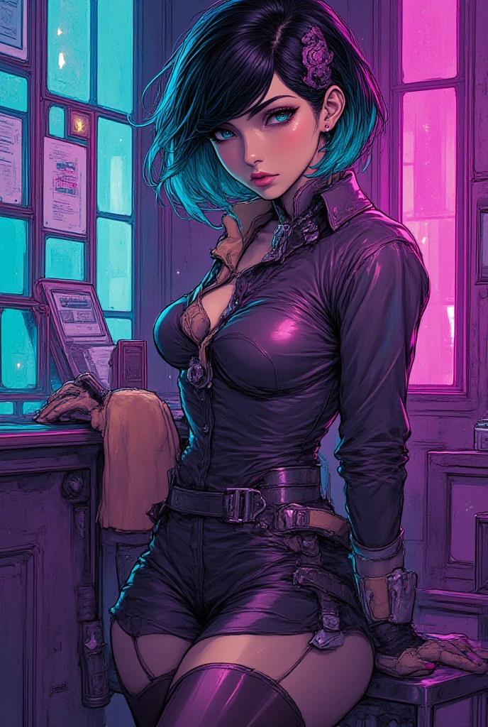 Manga style oil painting, contrast between shadow and soft neon. Stylish cyber-steampunk assistant, black hair with turquoise locks, smoky blouse, jupe crayon orange rouille, purple and blue reflections on the walls. mid-transparent stockings and chrome heels {x} Futuristic office combining ancient copper and holograms, purple and blue reflections on the walls, electric cinematic atmosphere.
