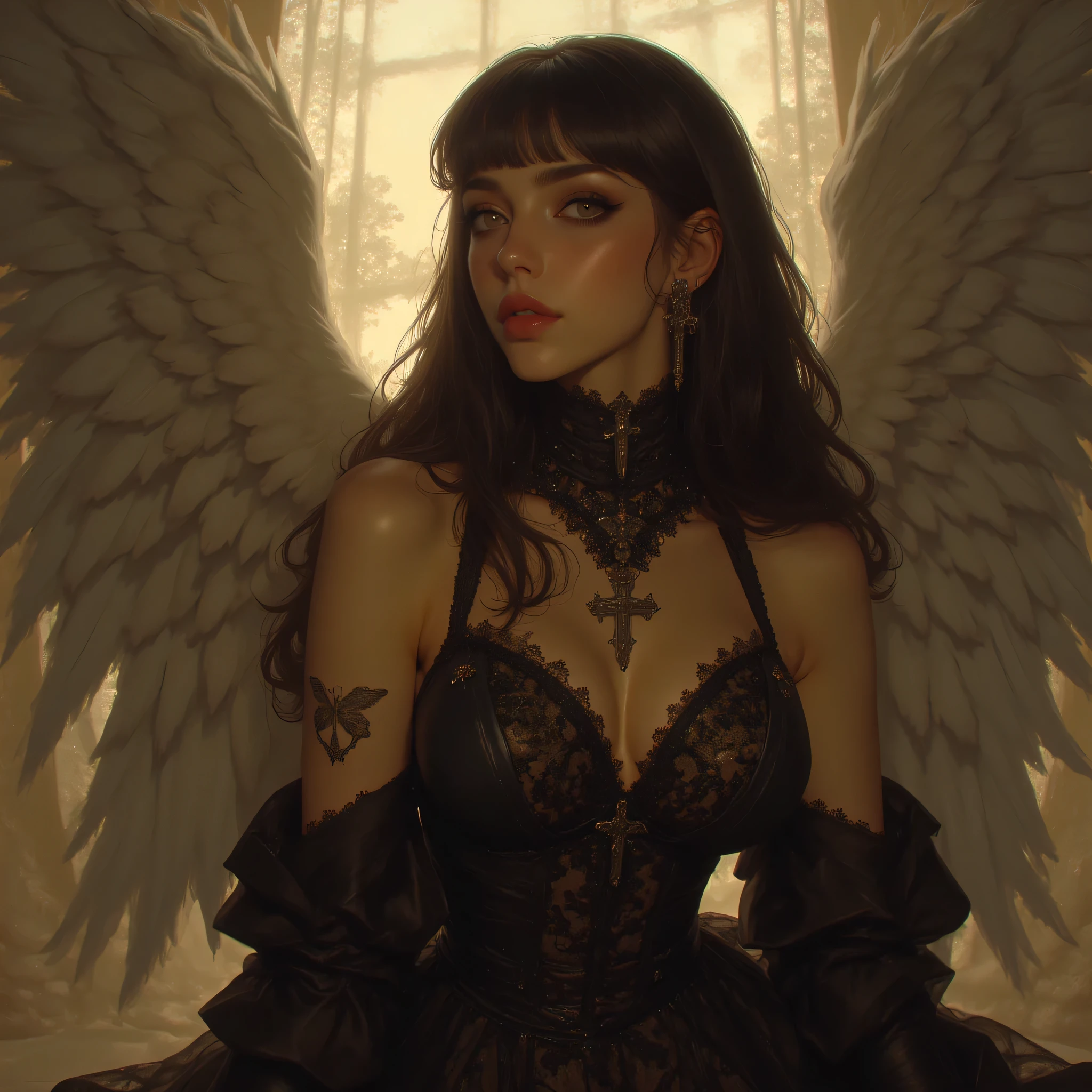 An angel in the form of a woman, incredibly beautiful and attractive brunette, elegantly dressed in a black ball gown that shines with heavenly light. Her expression is dramatic but triumphant, with a beautiful smile that radiates confidence. Her eyes are captivating, reflecting the sunlight like precious jewels, while her wings shine behind her with soft flashes of color."
Negative indication:
"A fallen angel in the form of a woman, whose beauty has faded, dressed in a worn and sad outfit that reflects her sadness. Her expression is gloomy and defeated, with an absent smile and dull eyes that lack life, while her wings are broken and opaque, projecting a sense of hopelessness and abandonment."