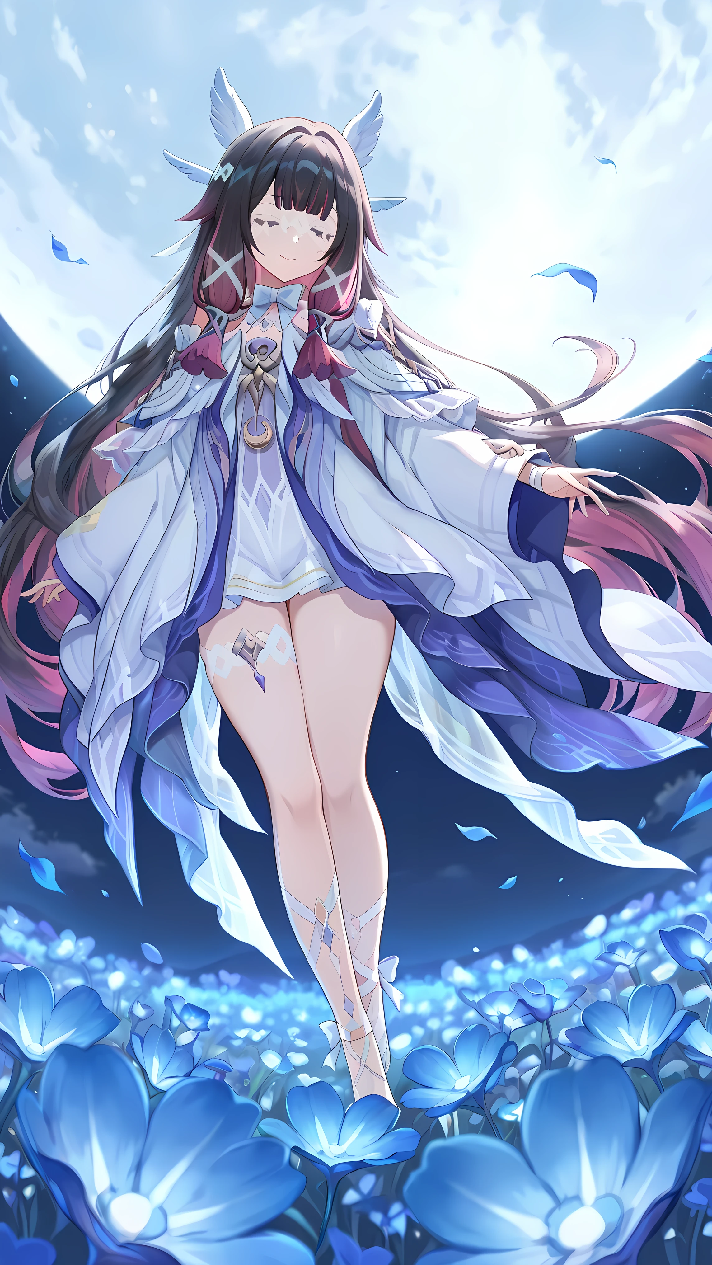 Score_9, Score_8_up, Score_7_up, Score_6_up, Score_5_up, Score_4_up, Source_authentic, masterpiece, best quality, amazing quality, very aesthetic, high resolution, ultra-detailed, absurdres, newest, scenery,(depth of field:1.5),
(super fine illustration,professional quality,ultra high res), beautiful detailed eyes,
(high brightness),
break
<lora:Columbina_(genshin impact)_1a_nai-000021:1>,Columbina \(genshin impact\),closed eyes,eye mask,x hair ornament,wing hair ornament,head wings,hair ribbon,white ribbon,,white dress,wide sleeves,long sleeves,white ribbon,wrist ribbon,detached collar,white collar,white bowtie,off-shoulder dress,layered dress,detached sleeves,ankle ribbon,
torino_aqua,(((extremely detailed background)), Lots of elements in background,((super-detailed background)),flower field,blue flower,huge moon,night,full moon,floating hair,wind,falling, ((8K wallpaper)),
1girl,
cheerful smile, Glossy eyes, Animated, Seductive, Erotic, Glossy skin Thighs, Sexy, ideal ratio body proportions, (Cute Illustration: 1.3), (High Saturation: 1.3), Cute face and eyes, Dynamic lighting, looking at viewer, stylish, random pose, looking at viewer, (Dynamic lighting: 1.2),