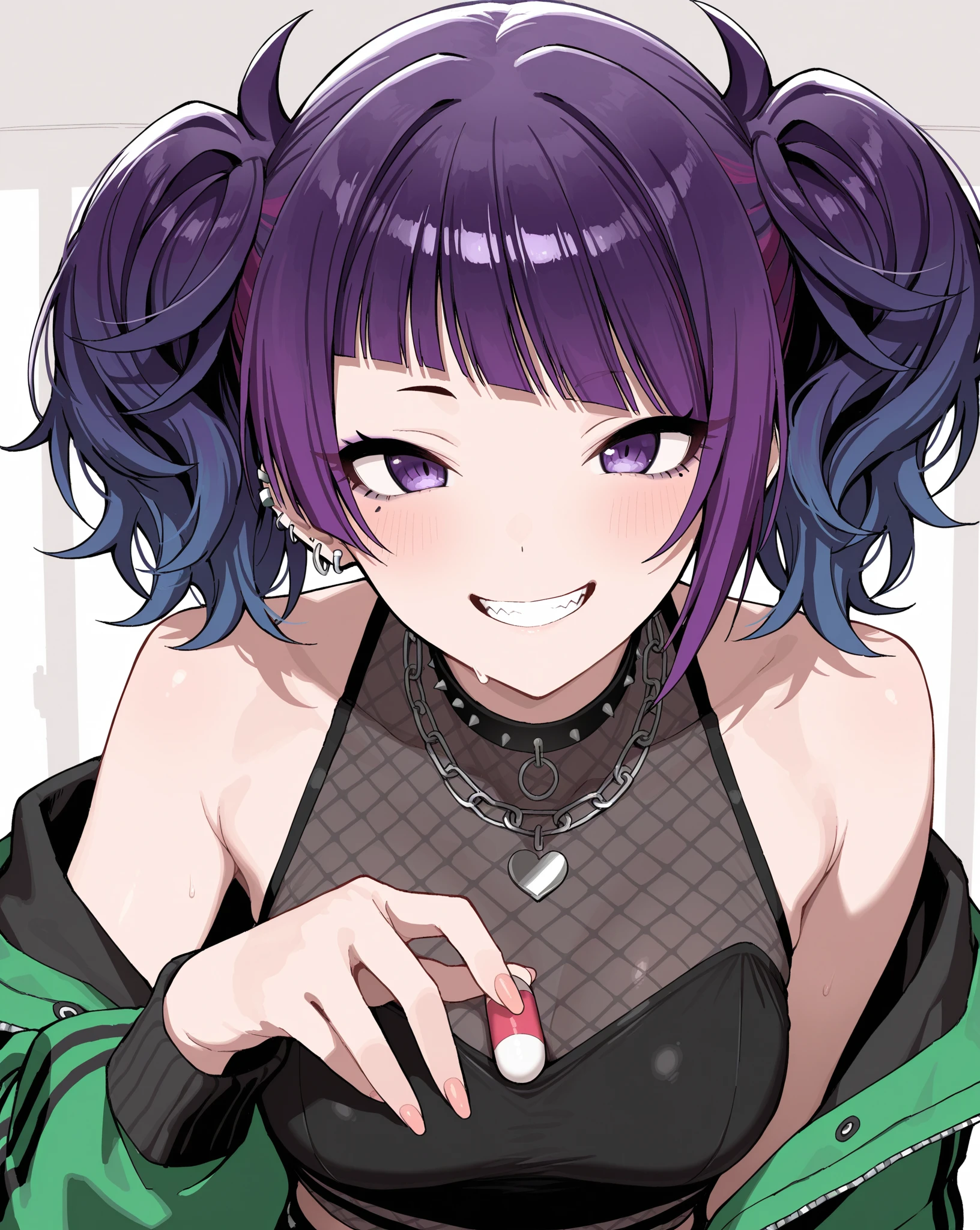 1 Typ, 1 Person,  ((Rosa Haarfarbe| schwarze Haarfarbe)) ,((Schwarzer Pony)) kurzes Haar, Body piercings, smile, vulgar,(( Solo))), Evil eyebrows, frech, (graue Augen) Evil smile, evil sight, Evil eyebrows, Male organs,  tattoo, Sabbern