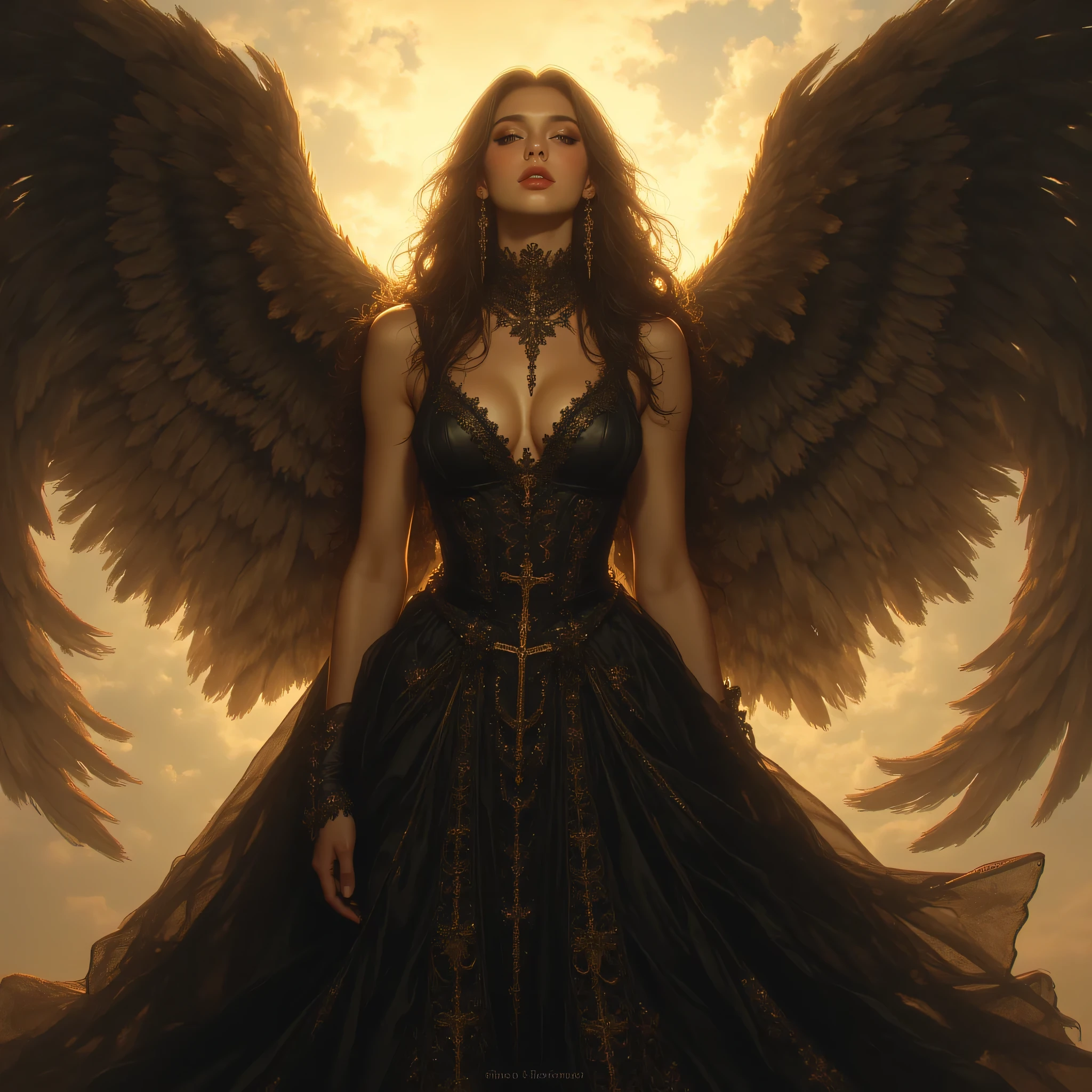 An angel in the form of a woman, incredibly beautiful and attractive brunette, elegantly dressed in a black ball gown that shines with heavenly light. Her expression is dramatic but triumphant, with a beautiful smile that radiates confidence. Her eyes are captivating, reflecting the sunlight like precious jewels, while her wings shine behind her with soft flashes of color."
Negative indication:
"A fallen angel in the form of a woman, whose beauty has faded, dressed in a worn and sad outfit that reflects her sadness. Her expression is gloomy and defeated, with an absent smile and dull eyes that lack life, while her wings are broken and opaque, projecting a sense of hopelessness and abandonment."
