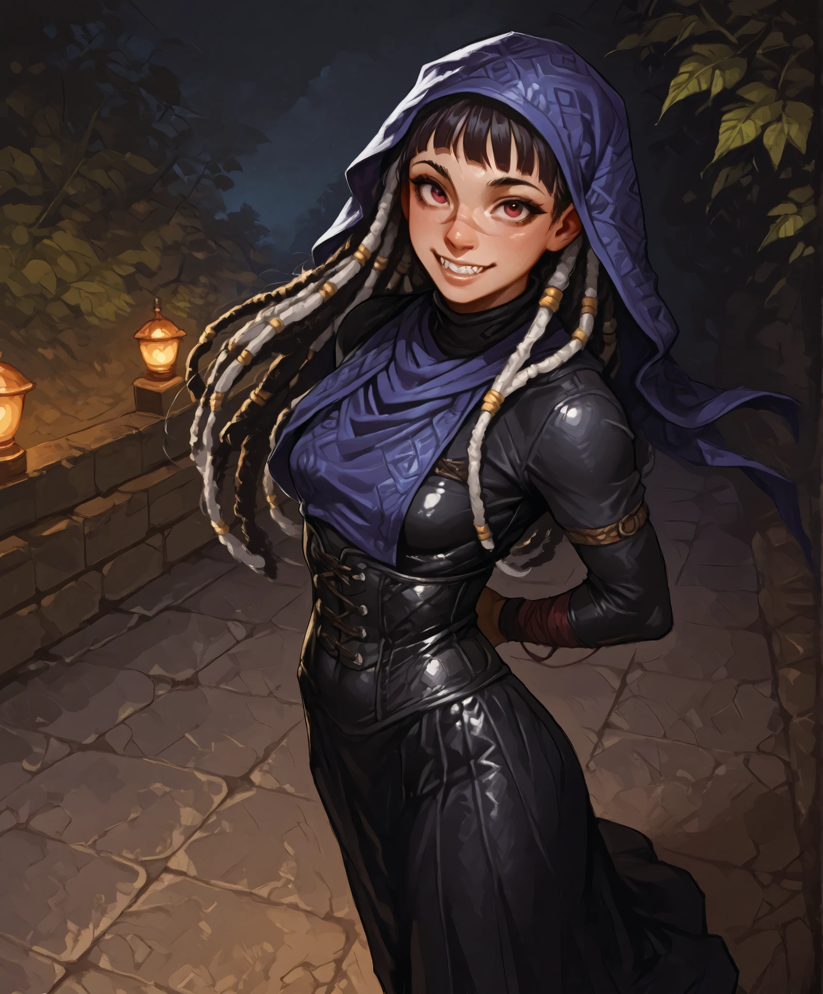 She looks like Elena from Street Fighter and has a horizontal scar across her nose. Inca girl with white dreadlocks and ponytail, deep red-coloured eyes, slanted Asian eyes, sharp canine teeth, black eyeliner, athletic body and soft abs. Slender and athletic. Cute, round and young face. White highlights in her hair. She wears a dark red and black, fine (intricate) latex dress with lacing and snakeskin-pattern, corset with black lacing, red headscarf. She also wears an amber necklace. She has small breasts. She has a small smile on her face. Atmospheric lighting. Looking at the viewer. Background: Spanish medieval town, hdr colours, oil painting, semi-realistic style