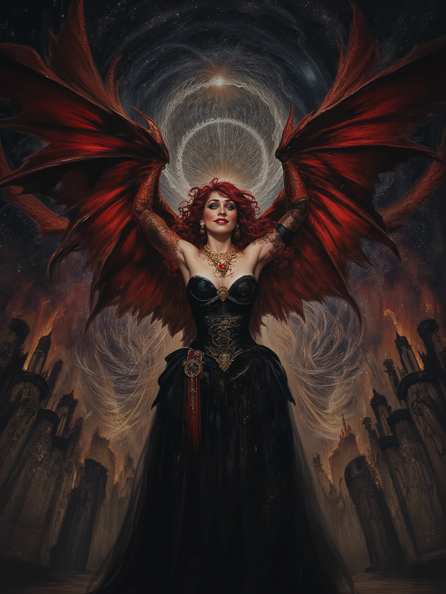   Dreamlike world deep shadows cinematic darkness
underexposed chiaroscuro atmospheric haze
low-key lighting. We find a captivating , pale skinned ravishingly beautiful goddess looking provocative and vibrant with alive, with a curvy physique, adorned in a black corset dress embroidered with sacred equations and esoteric symbols woven in shimmering gold thread, her diaphanous gown draping elegantly across her shoulders, standing tall amidst a breathtaking, star-studded celestial expanse, with majestic feathery red leather wings unfolding from her with shimmering scales. Her seraphic visage is crowned with wild, curly dark crimson hair, and a smoldering blue eyed gaze greets the viewer, in an eldritch manner she weaves an incantation and grins roguishly at the viewer in challenge. A large gold and ruby necklace shines like a beacon and radiates an otherworldly aura. Behind her, a titanic, cosmic maelstrom churns, as the universe itself bends to her will, with glimmering phantasmagoria and eerie cosmic forms surround her and behind. She unleashed the powers of nature and balance in a blast of  
magical energy
 rocks planet Earth in  a photorealistic style blending the dark, mystical elements of Gerald Brom's Gothic fantasy art, the vibrant, fantastical depth of Noah Bradley's dreamscapes, and the visionary, ethereal aesthetic of Andrew Gonzalez's cosmic landscapes, with meticulous attention to intricate details, believable texture, and atmosphere.