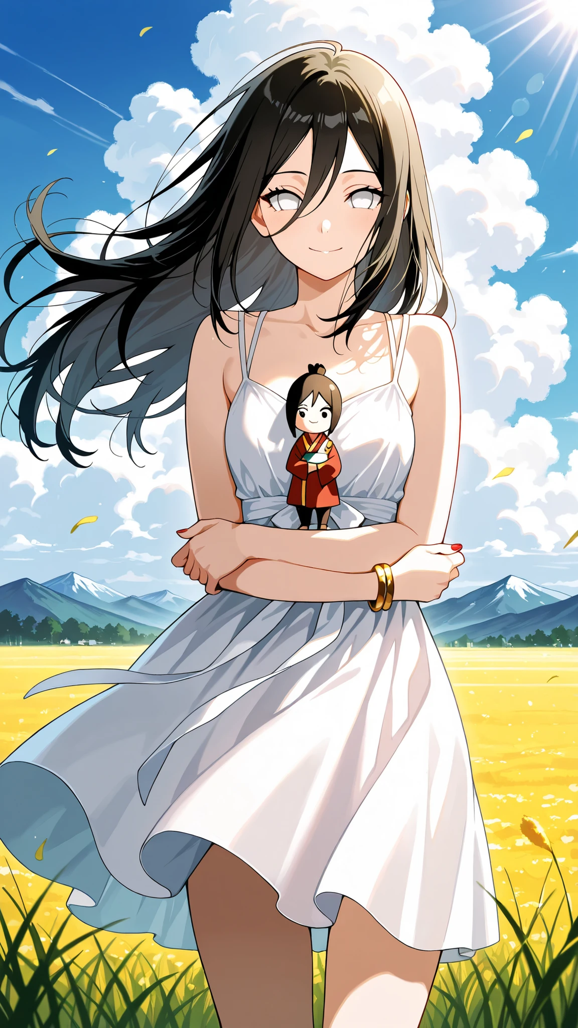 BREAK (masterpiece:1.2), best quality, high resolution, unity 8k wallpaper, (illustration:0.8),wide open meadow, tall grass swaying in the wind, bright blue sky with fluffy clouds, mountains far in the distance, warm and serene summer atmosphere, no people, hanabi hyuuga, long hair, black hair, hair between eyes, white eyes, no pupils,,silky white slip dress with thin straps, fabric hugging her figure, sunlight shining through the dress, playful summer outfit,warm meadow atmosphere,looking at viewer,cowboy shot,wide-angel,seductive expression,floating hair,golden bracelet,red nails,smile