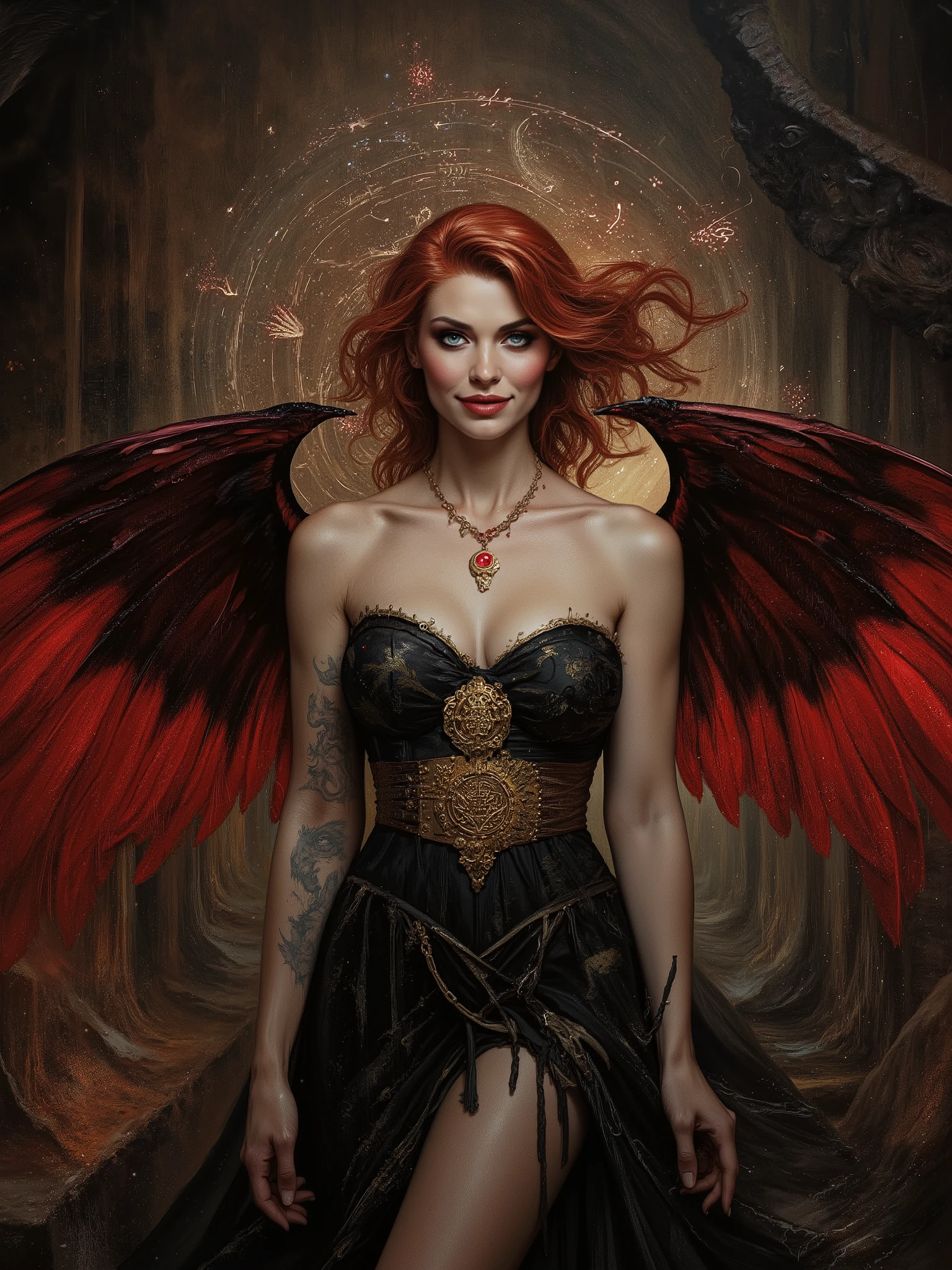 Dreamlike world deep shadows cinematic darkness
underexposed chiaroscuro atmospheric haze
low-key lighting. We find a captivating , pale skinned ravishingly beautiful goddess looking provocative and vibrant with alive, with a curvy physique, adorned in a black corset dress embroidered with sacred equations and esoteric symbols woven in shimmering gold thread, her diaphanous gown draping elegantly across her shoulders, standing tall amidst a breathtaking, star-studded celestial expanse, with majestic feathery red leather wings unfolding from her with shimmering scales. Her seraphic visage is crowned with wild, curly dark crimson hair, and a smoldering blue eyed gaze greets the viewer, in an eldritch manner she weaves an incantation and grins roguishly at the viewer in challenge. A large gold and ruby necklace shines like a beacon and radiates an otherworldly aura. Behind her, a titanic, cosmic maelstrom churns, as the universe itself bends to her will, with glimmering phantasmagoria and eerie cosmic forms surround her and behind. She unleashed the powers of nature and balance in a blast of
magical energy
rocks planet Earth in a photorealistic style blending the dark, mystical elements of Gerald Brom's Gothic fantasy art, the vibrant, fantastical depth of Noah Bradley's dreamscapes, and the visionary, ethereal aesthetic of Andrew Gonzalez's cosmic landscapes, with meticulous attention to intricate details, believable texture, and atmosphere.