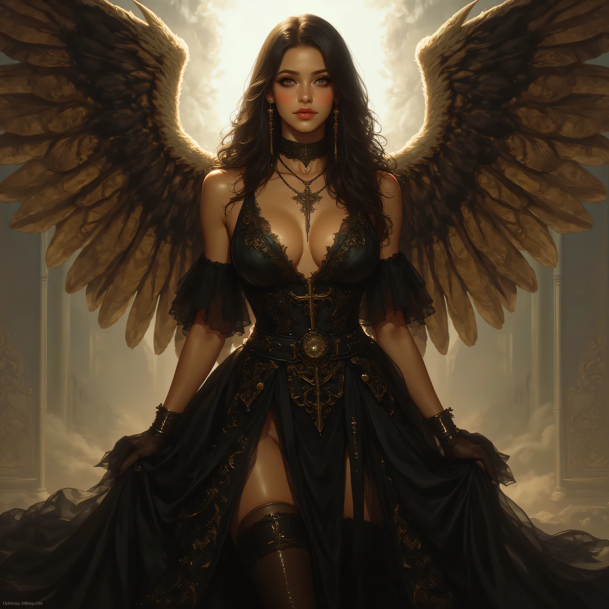 An angel in the form of a woman, incredibly beautiful and attractive brunette, elegantly dressed in a black ball gown that shines with heavenly light. Her expression is dramatic but triumphant, with a beautiful smile that radiates confidence. Her eyes are captivating, reflecting the sunlight like precious jewels, while her wings shine behind her with soft flashes of color."

 Negative indication:
"A fallen angel in the form of a woman, whose beauty has faded, dressed in a worn and sad outfit that reflects her sadness. Her expression is gloomy and defeated, with an absent smile and dull eyes that lack life, while her wings are broken and opaque, projecting a sense of hopelessness and abandonment."