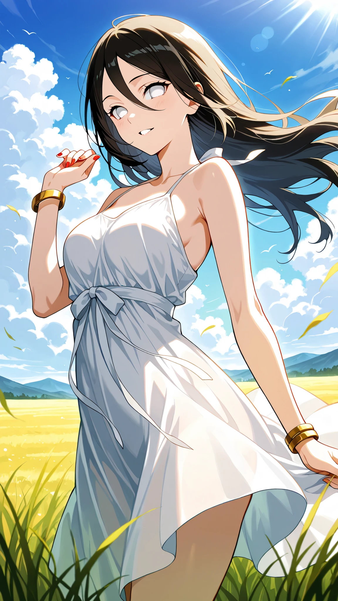BREAK (masterpiece:1.2), best quality, high resolution, unity 8k wallpaper, (illustration:0.8),wide open meadow, tall grass swaying in the wind, bright blue sky with fluffy clouds, mountains far in the distance, warm and serene summer atmosphere, no people, hanabi hyuuga, long hair, black hair, hair between eyes, white eyes, no pupils,,silky white slip dress with thin straps,sunlight shining through the dress, playful summer outfit,warm meadow atmosphere,looking at viewer,cowboy shot,wide-angel,seductive expression,floating hair,golden bracelet,red nails,arched back,excited,playfull pose,