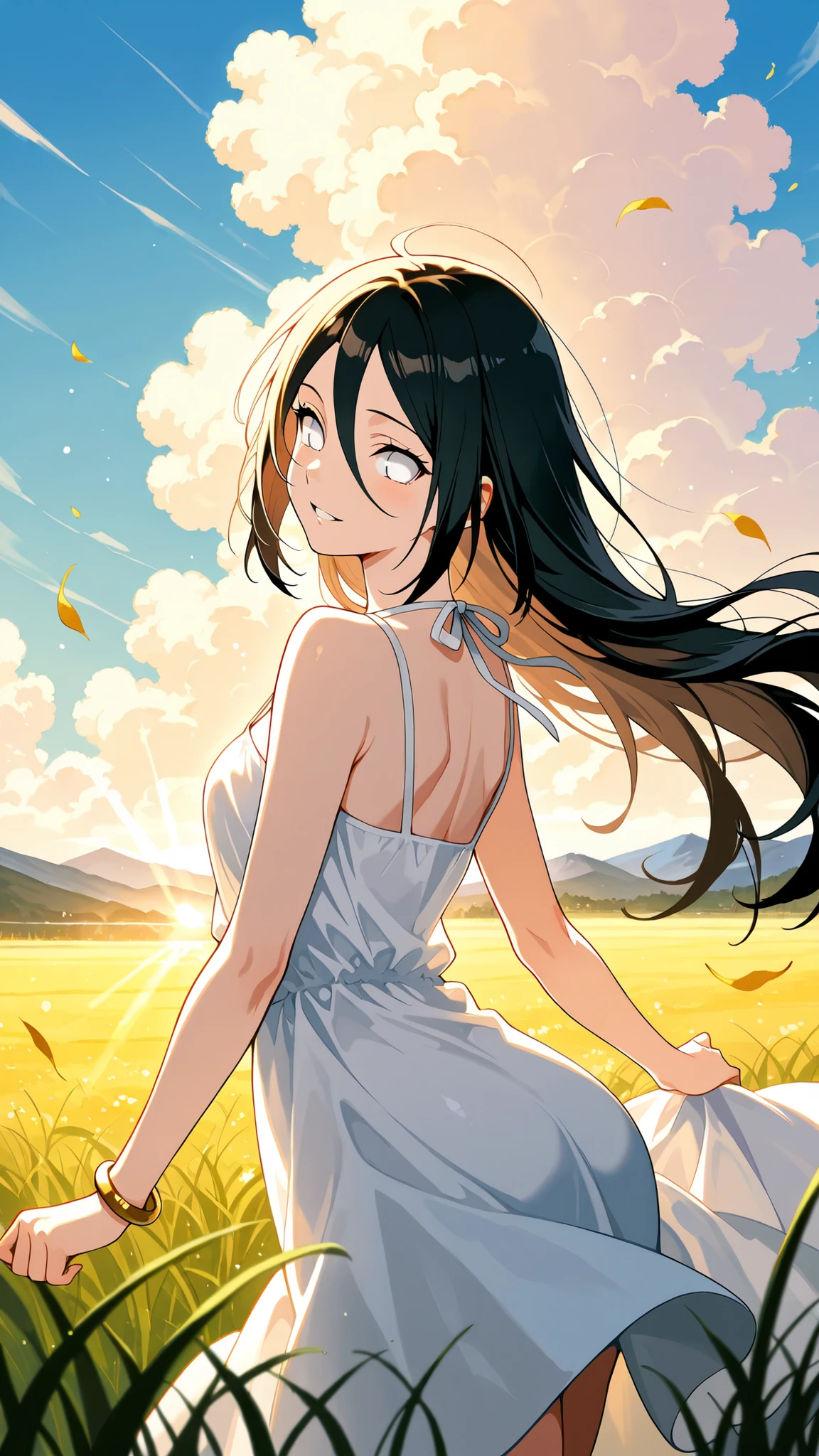 BREAK (masterpiece:1.2), best quality, high resolution, unity 8k wallpaper, (illustration:0.8),wide open meadow, tall grass swaying in the wind, bright blue sky with fluffy clouds, mountains far in the distance, warm and serene summer atmosphere, no people, hanabi hyuuga, long hair, black hair, hair between eyes, white eyes, no pupils,,silky white slip dress with thin straps,sunlight shining through the dress, playful summer outfit,warm meadow atmosphere,looking at viewer,cowboy shot,wide-angel,seductive expression,floating hair,golden bracelet,arched back,excited,playfull pose,