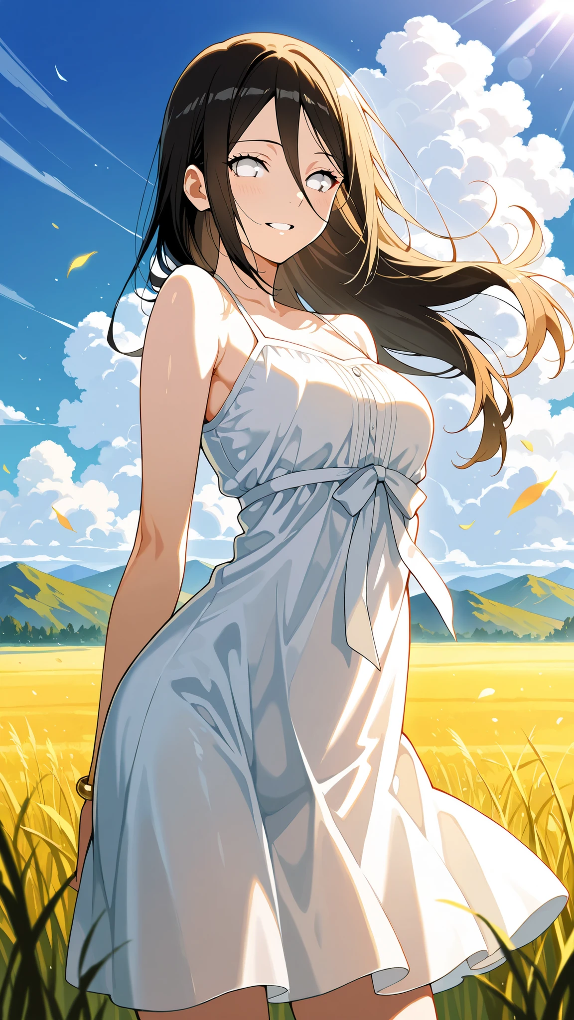 BREAK (masterpiece:1.2), best quality, high resolution, unity 8k wallpaper, (illustration:0.8),wide open meadow, tall grass swaying in the wind, bright blue sky with fluffy clouds, mountains far in the distance, warm and serene summer atmosphere, no people, hanabi hyuuga, long hair, black hair, hair between eyes, white eyes, no pupils,,silky white slip dress with thin straps,sunlight shining through the dress, playful summer outfit,warm meadow atmosphere,looking at viewer,cowboy shot,wide-angel,seductive expression,floating hair,golden bracelet,arched back,excited,playfull pose,