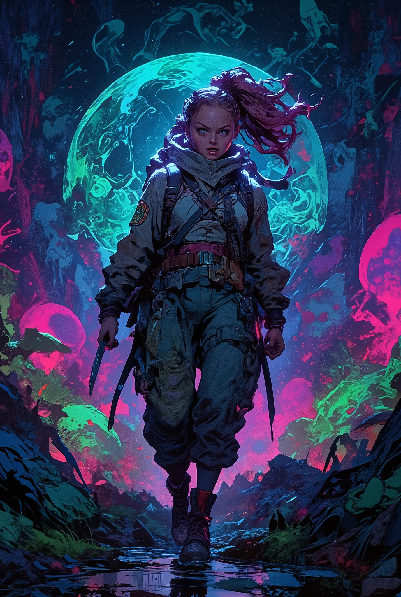 SF comic style, flat color, European bande dessinée illustration, real illustration, A female adventurer with a panicked expression running towards the camera through an alien forest, ponytail hair, wearing a sturdy backpack, workpants, holding knife, mysterious glowing flora, strange bioluminescent creatures in the background, running towards the camera, volumetric lighting, epic scene, photorealistic, highly detailed, 8k, cinematic, sci-fi art, concept art, highly detailed illustration, artistic shading, dynamic perspective, ((anatomically correct:1.5)), (masterpiece:2), best quality, ultra highres, original, extremely detailed, perfect lighting