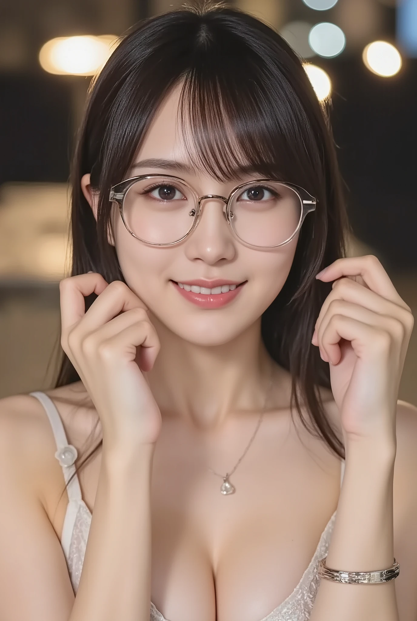 a woman with huge breasts1By people,((とても綺麗な長いdark hairedの女性)),((dark haired)),Black hair, long hair,(dark hairedで前髪がある),Realistic Portraits,Realism,Highest Quality,Masterpiece,Highest Quality,best image quality,highest resolution,Fine Details that Pull Your Knees, beautiful and detailed faces,dark eyes,accurate upper body,realistic skin,((squinting and smiling)),誰もいないIndoorで,in a late-night school classroom,wear large Kurobuchi glasses,((medium long hair in a luxury hotel room)),((((wearing a shiny, shiny band bra made of vinyl fabric)))),show me face forward,facing the front,Elaborate Upper Body ,her arms are displayed correctly,(wear large black-framed glasses on my face),(暗いIndoorで立っている),super big boobs,Indoor,(squint and smile),(((wearing a shiny, shiny band bra made of vinyl fabric))),