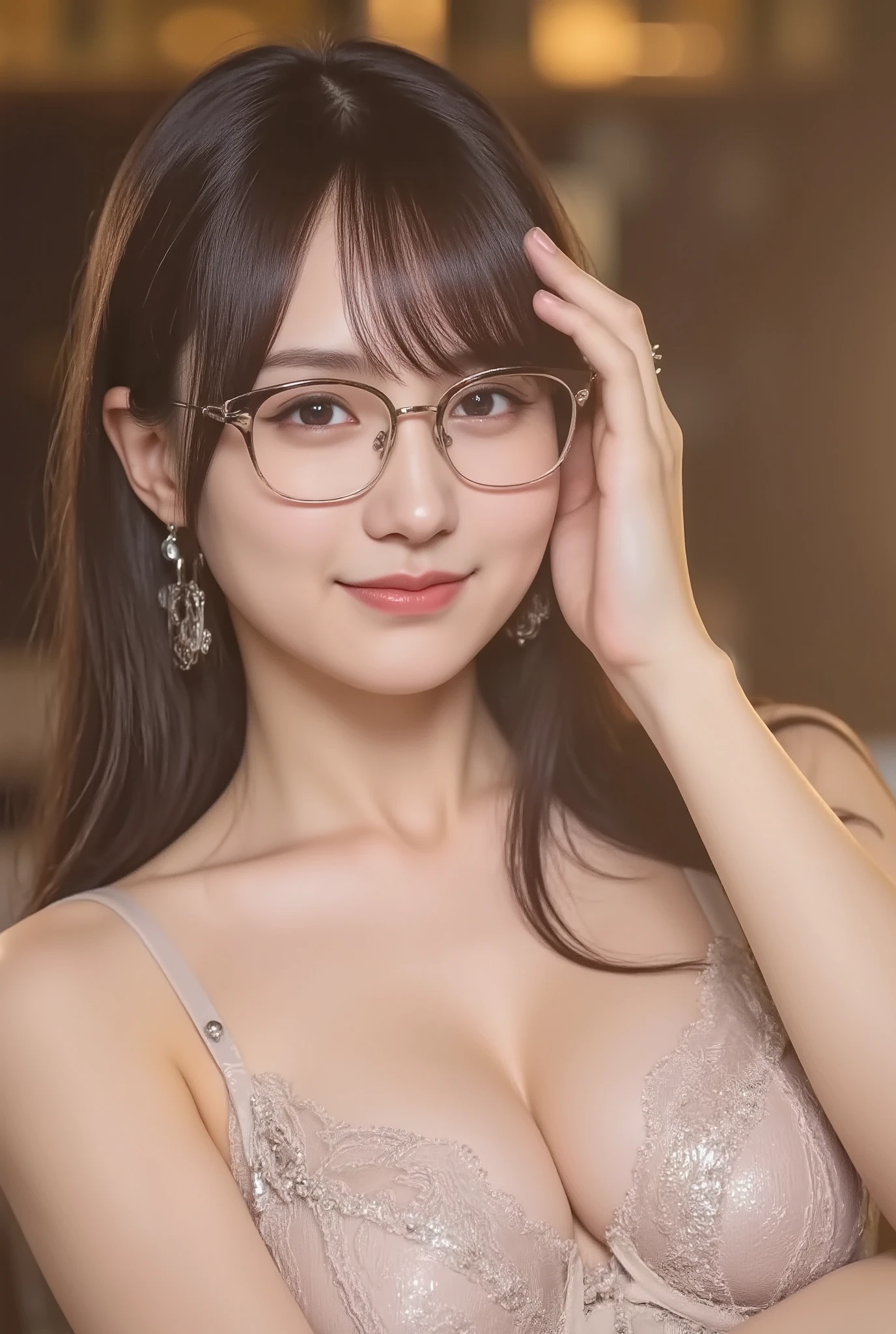 a woman with huge breasts1By people,((とても綺麗な長いdark hairedの女性)),((dark haired)),Black hair, long hair,(dark hairedで前髪がある),Realistic Portraits,Realism,Highest Quality,Masterpiece,Highest Quality,best image quality,highest resolution,Fine Details that Pull Your Knees, beautiful and detailed faces,dark eyes,accurate upper body,realistic skin,((squinting and smiling)),誰もいないIndoorで,in a late-night school classroom,wear large Kurobuchi glasses,((medium long hair in a luxury hotel room)),((((wearing a shiny, shiny band bra made of vinyl fabric)))),show me face forward,facing the front,Elaborate Upper Body ,her arms are displayed correctly,(wear large black-framed glasses on my face),(暗いIndoorで立っている),super big boobs,Indoor,(squint and smile),(((wearing a shiny, shiny band bra made of vinyl fabric))),