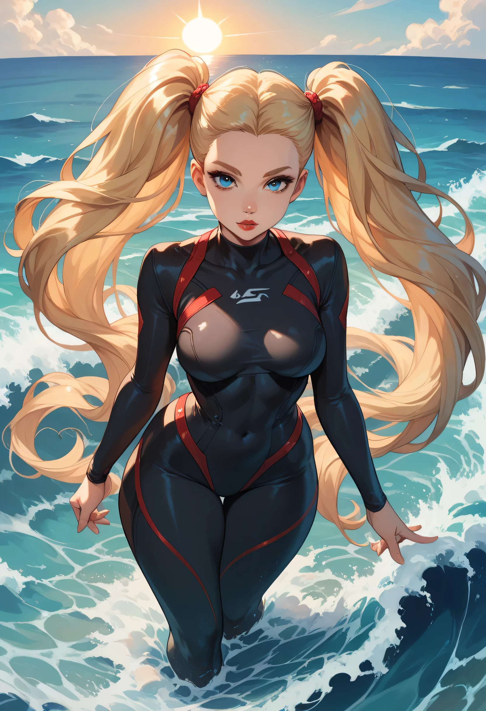 (Blue Sky, Sun, Beach, Sea Waves), Blonde Hair, (Very Long Twintails), ((Forehead)), Blond Thin Eyebrows, Blue Eyes, Red Lips, Perfect Lips, (Medium Breasts), (Black Mock Neck Bodysuit Long Sleeves), Standing, (Thick Thighs), Looking At Viewer, Pov