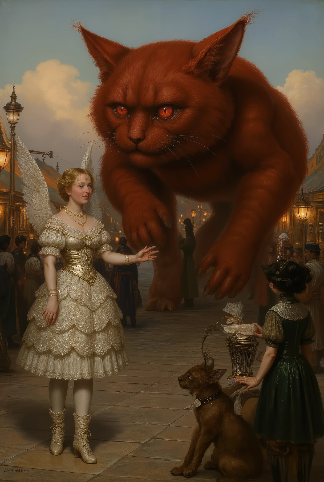 A bizarre soft digital painting, an oil painting depicting a small friendly young teenage angel of the Victorian era with a soft golden tuck, large outstretched wings of feathers, translucent white skin, charming blue eyes, a slender miniature body with a wasp waist, dressed in an ornate ivory corset. in a magnificent dress of lace and brocade, she stands, smiling serenely and gesturing warmly towards a towering monster-a huge red cat. The cat monster looms in a clumsy silhouette with glowing red eyes that flicker like coals. Despite his intimidating appearance, he listens calmly, slightly tilting his head as a sign of curiosity. They talk at dusk in a fantastic Victorian fairground, where gas lanterns flicker, casting warm reflections on the paved paths, caramel-striped tents, brass vending machines and bizarre steam-powered rides.A crowd of curious onlookers - Victorian children, clockwork animals and masked performers - are watching the unusual couple in amazement. The atmosphere is surreal, gentle and cinematic, combining Gothic elegance with whimsical fantasy. Focus on the angel. Workshop painting, oil on canvas, 